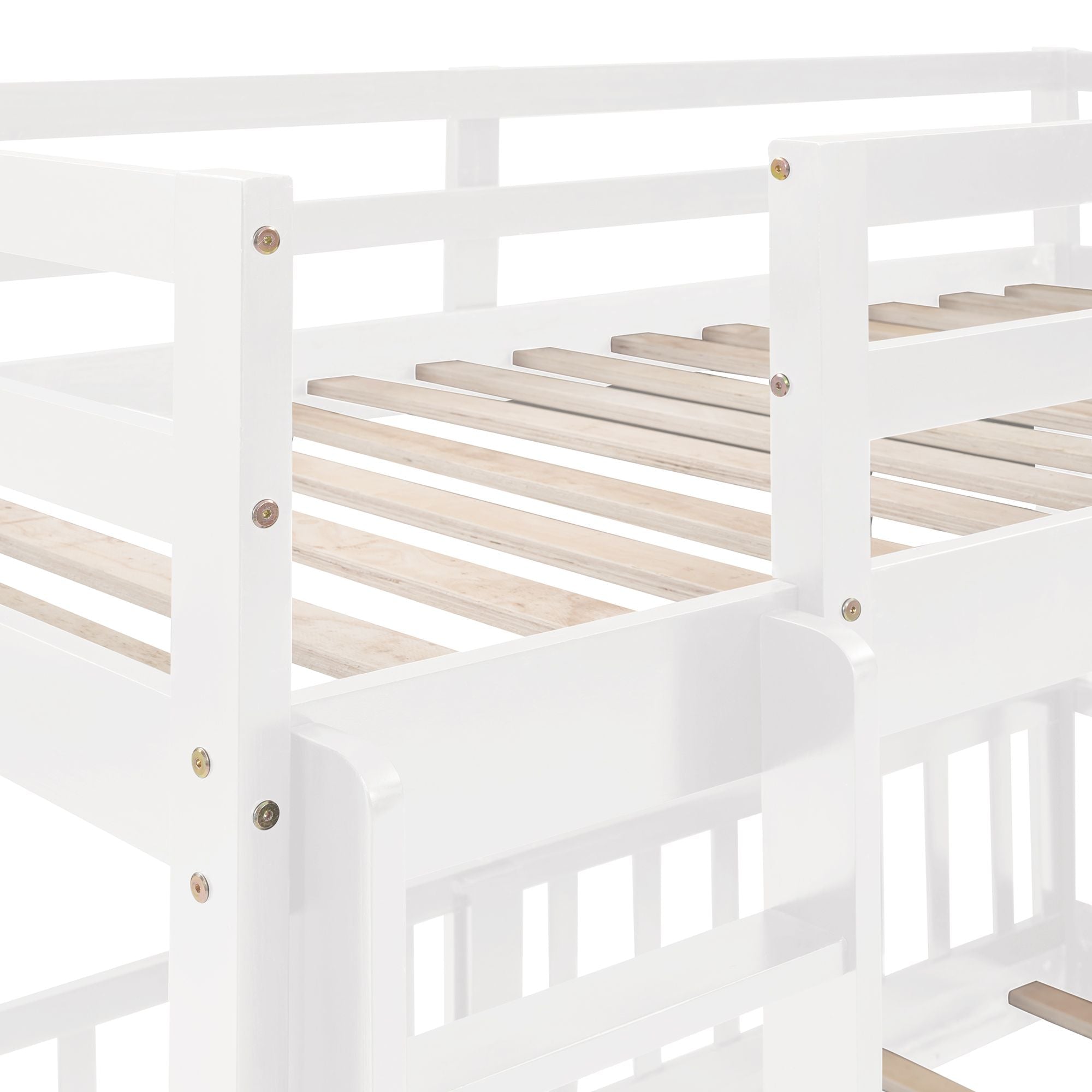 Fun Twin Over Twin Wood Bunk Bed with Slide and Reversible Ladder, White, Gray, Espresso | Just Better Bunk Beds