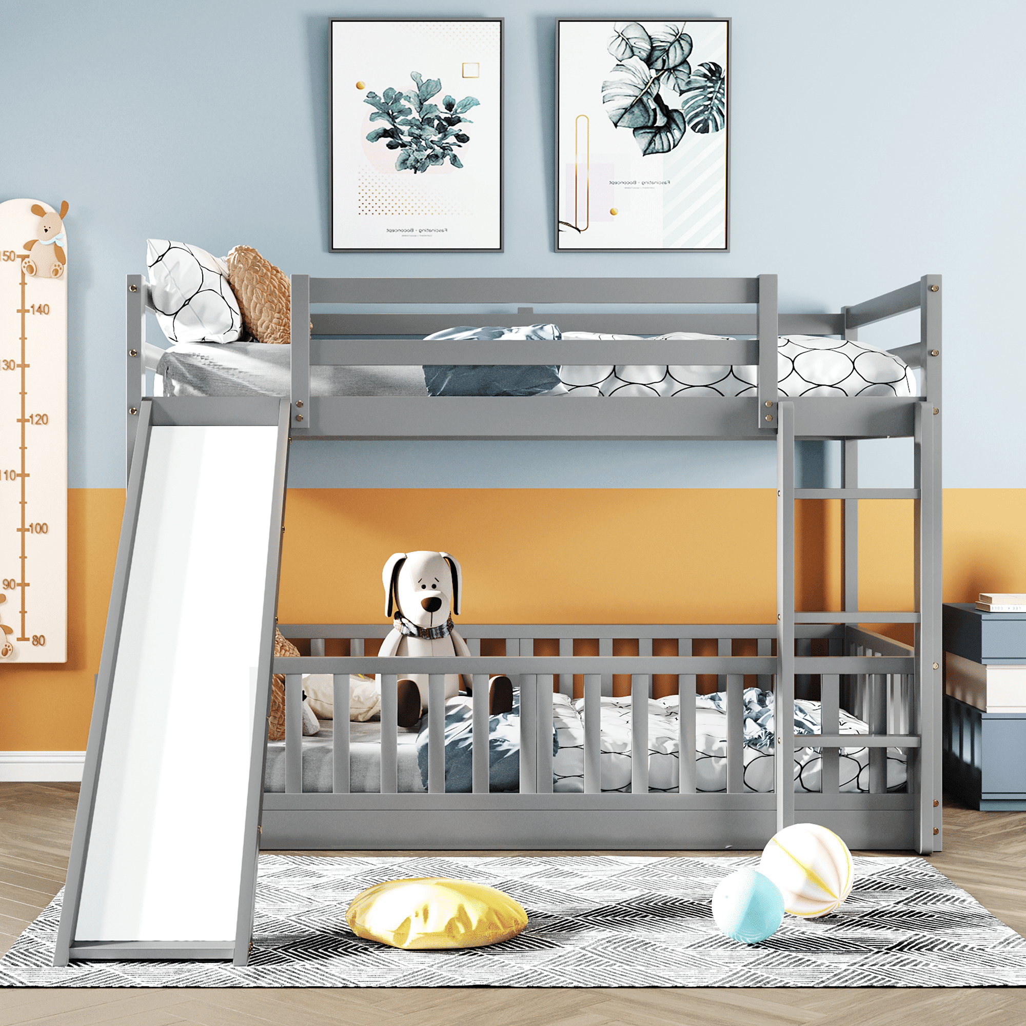 Fun Twin Over Twin Wood Bunk Bed with Slide and Reversible Ladder, White, Gray, Espresso | Just Better Bunk Beds