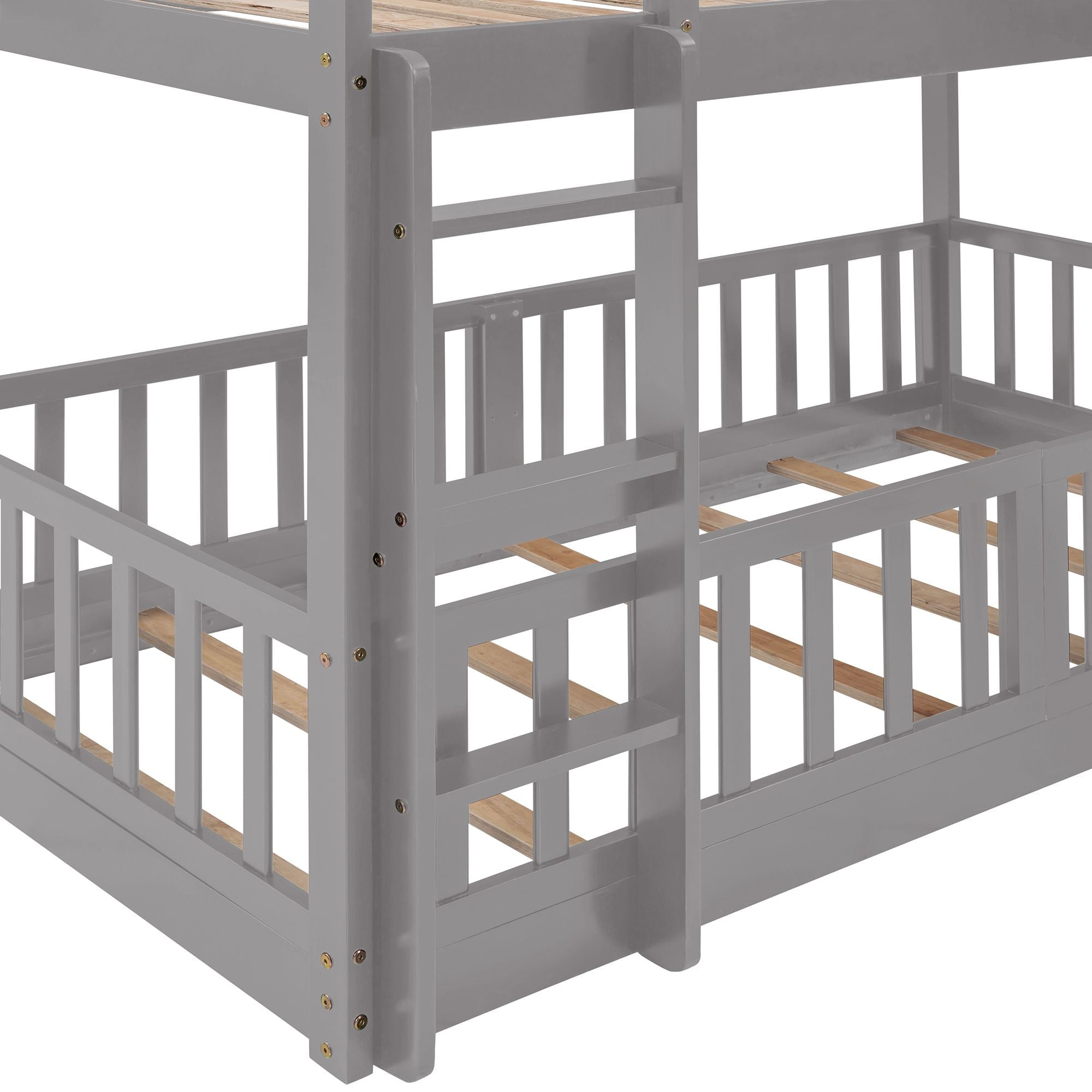 Fun Twin Over Twin Wood Bunk Bed with Slide and Reversible Ladder, White, Gray, Espresso | Just Better Bunk Beds