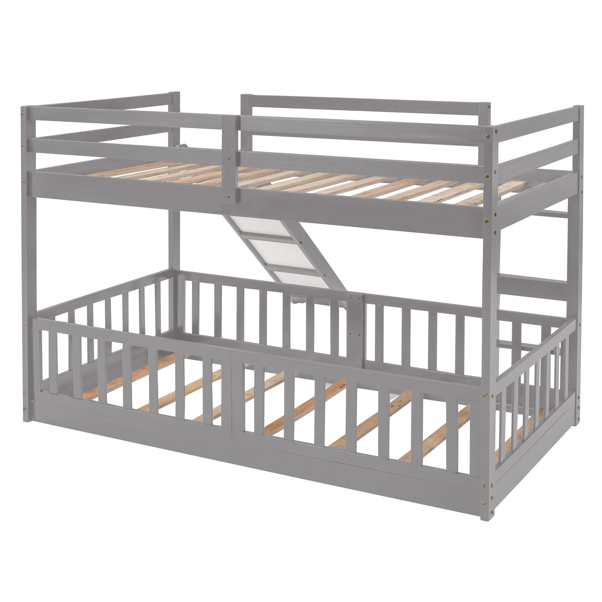 Fun Twin Over Twin Wood Bunk Bed with Slide and Reversible Ladder, White, Gray, Espresso | Just Better Bunk Beds