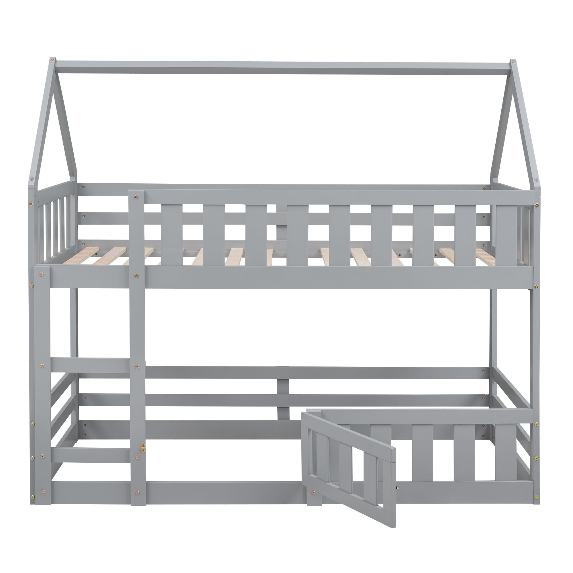 Fun Twin Over Twin Wood House Bunk Bed with Fence and Door, Gray, Pine Wood | Just Better Bunk Beds