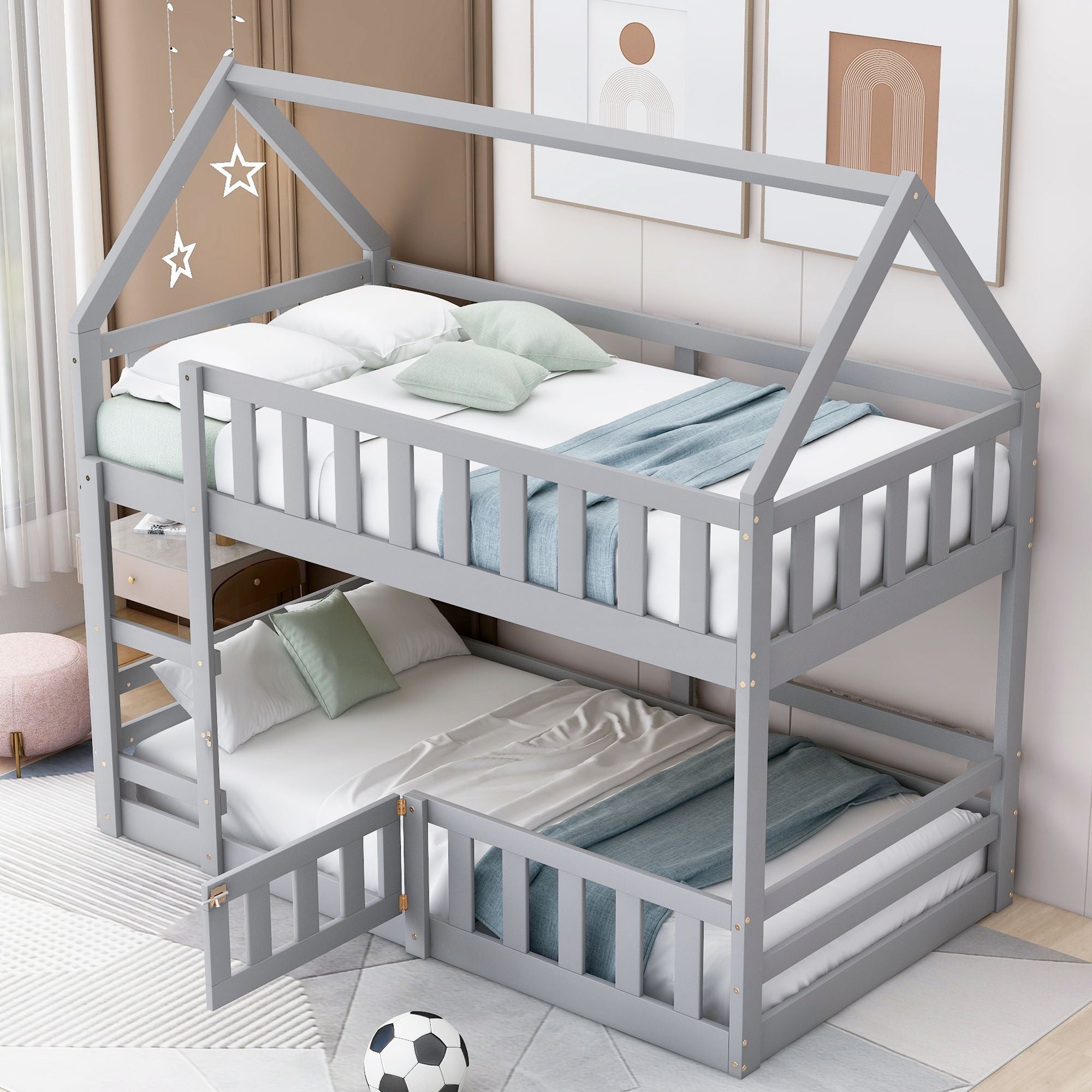Fun Twin Over Twin Wood House Bunk Bed with Fence and Door, Gray, Pine Wood | Just Better Bunk Beds