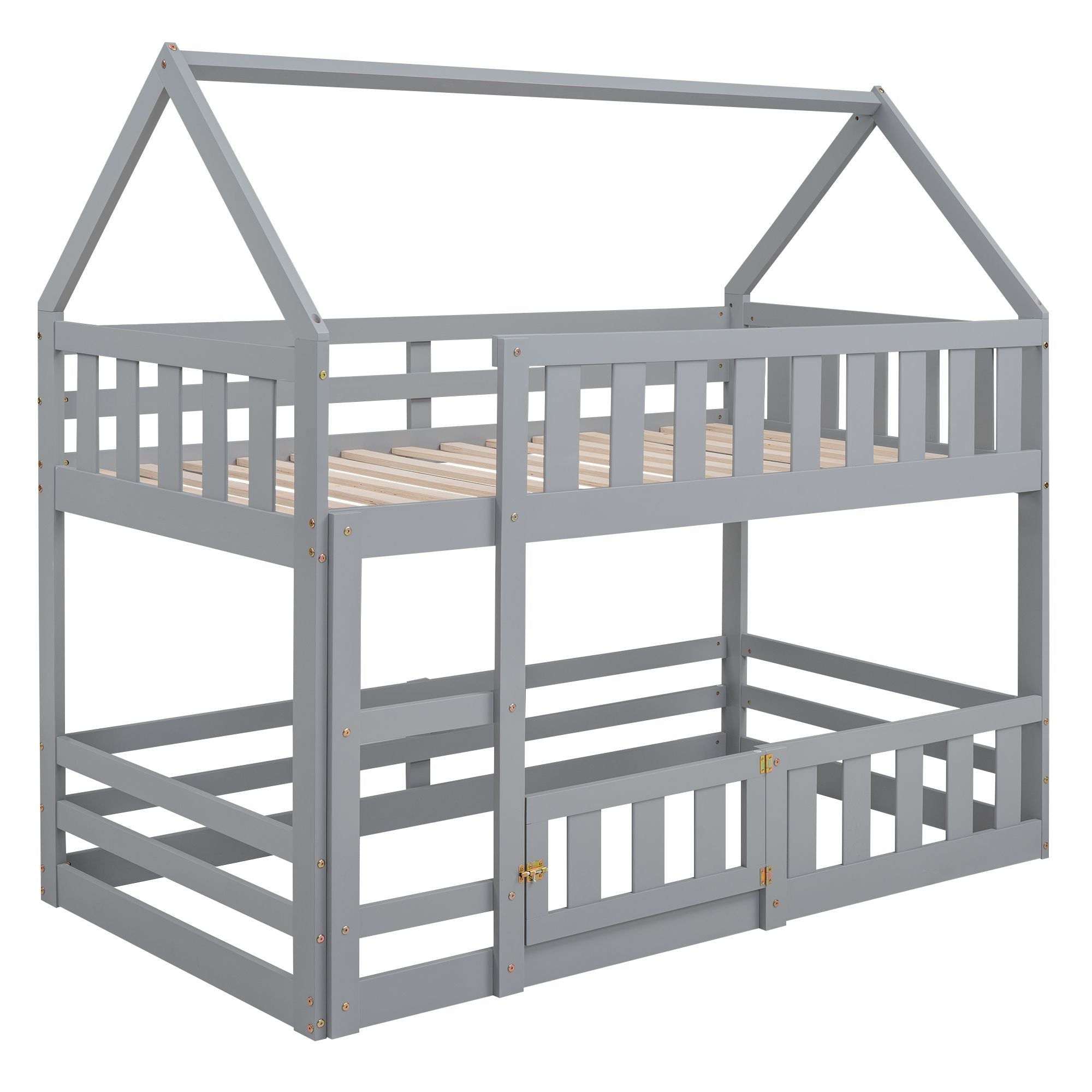 Fun Twin Over Twin Wood House Bunk Bed with Fence and Door, Gray, Pine Wood | Just Better Bunk Beds