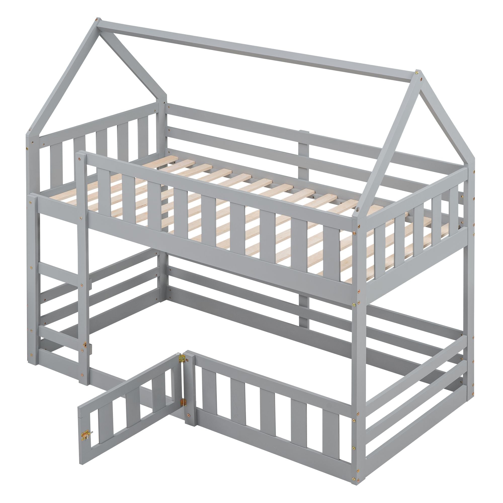 Fun Twin Over Twin Wood House Bunk Bed with Fence and Door, Gray, Pine Wood | Just Better Bunk Beds