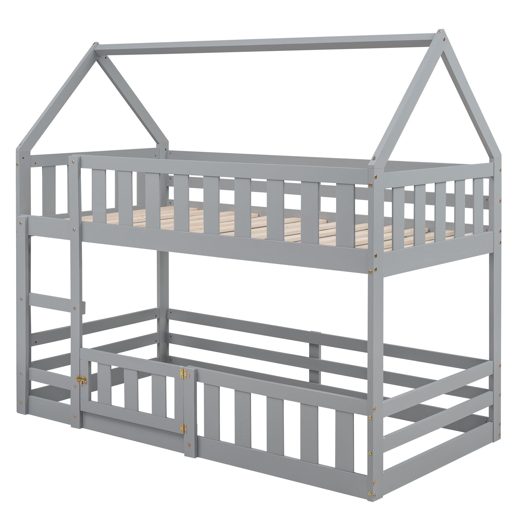 Fun Twin Over Twin Wood House Bunk Bed with Fence and Door, Gray, Pine Wood | Just Better Bunk Beds