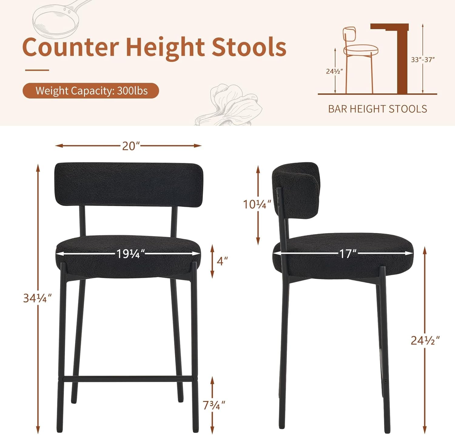24 Inch Bar Stools Set of 2 Boucle Upholstered Curved Back