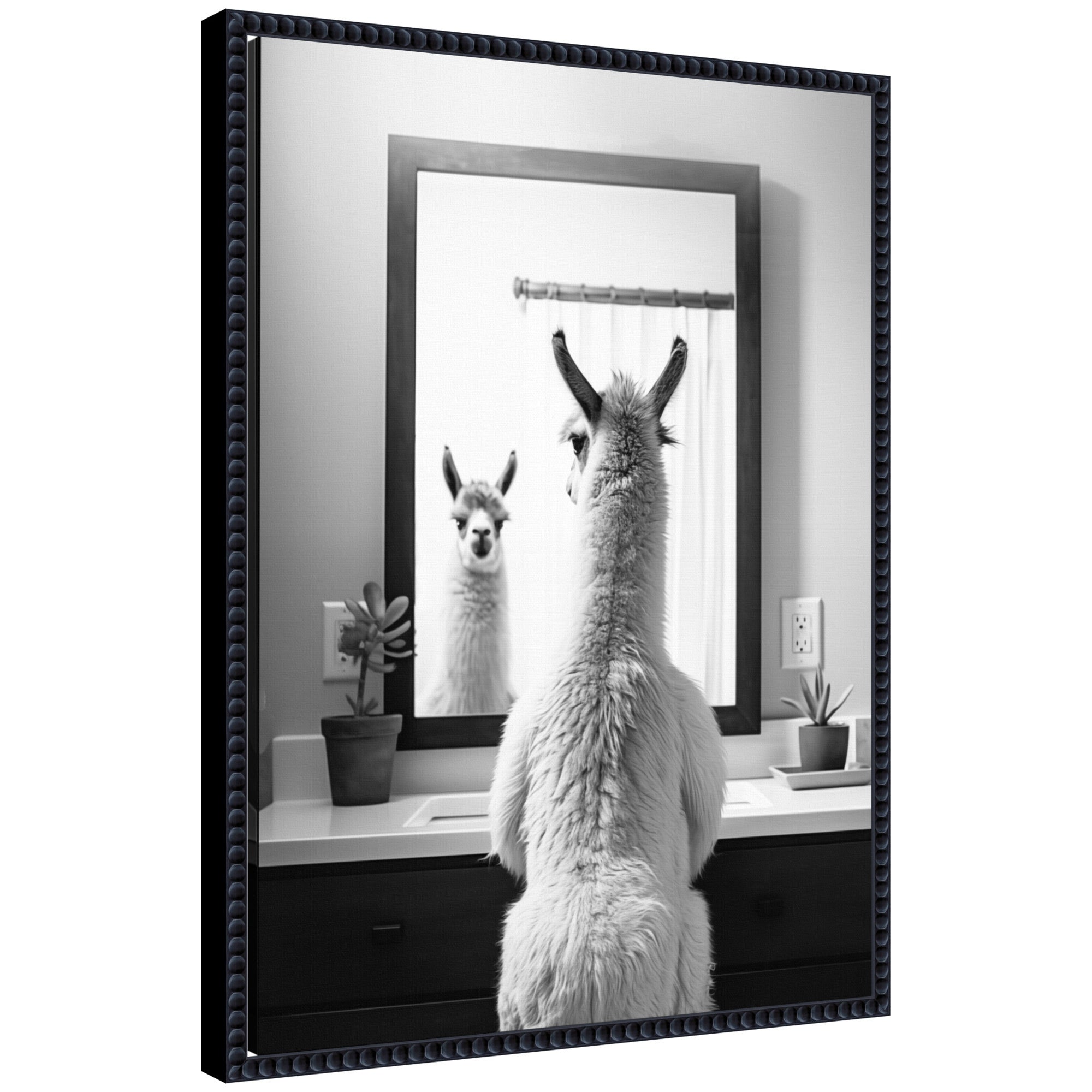 Sylvie Llama Bathroom Art Mirror Black and White Framed Canvas by The Creative Bunch Studio