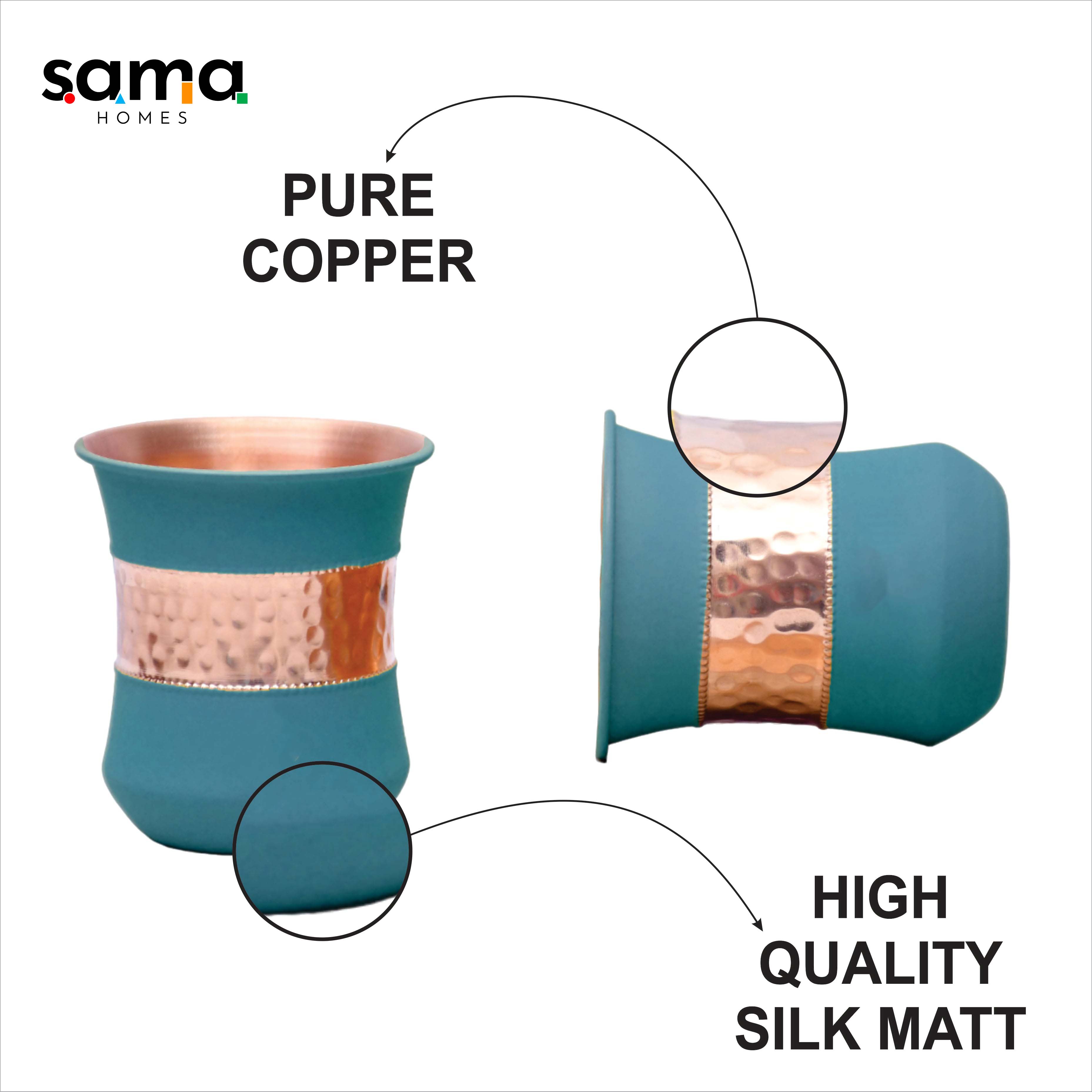 Pure Copper Water Glass Set of 2 Silk Green Half Hammered Damru Tumbler Capacity 300ML-2