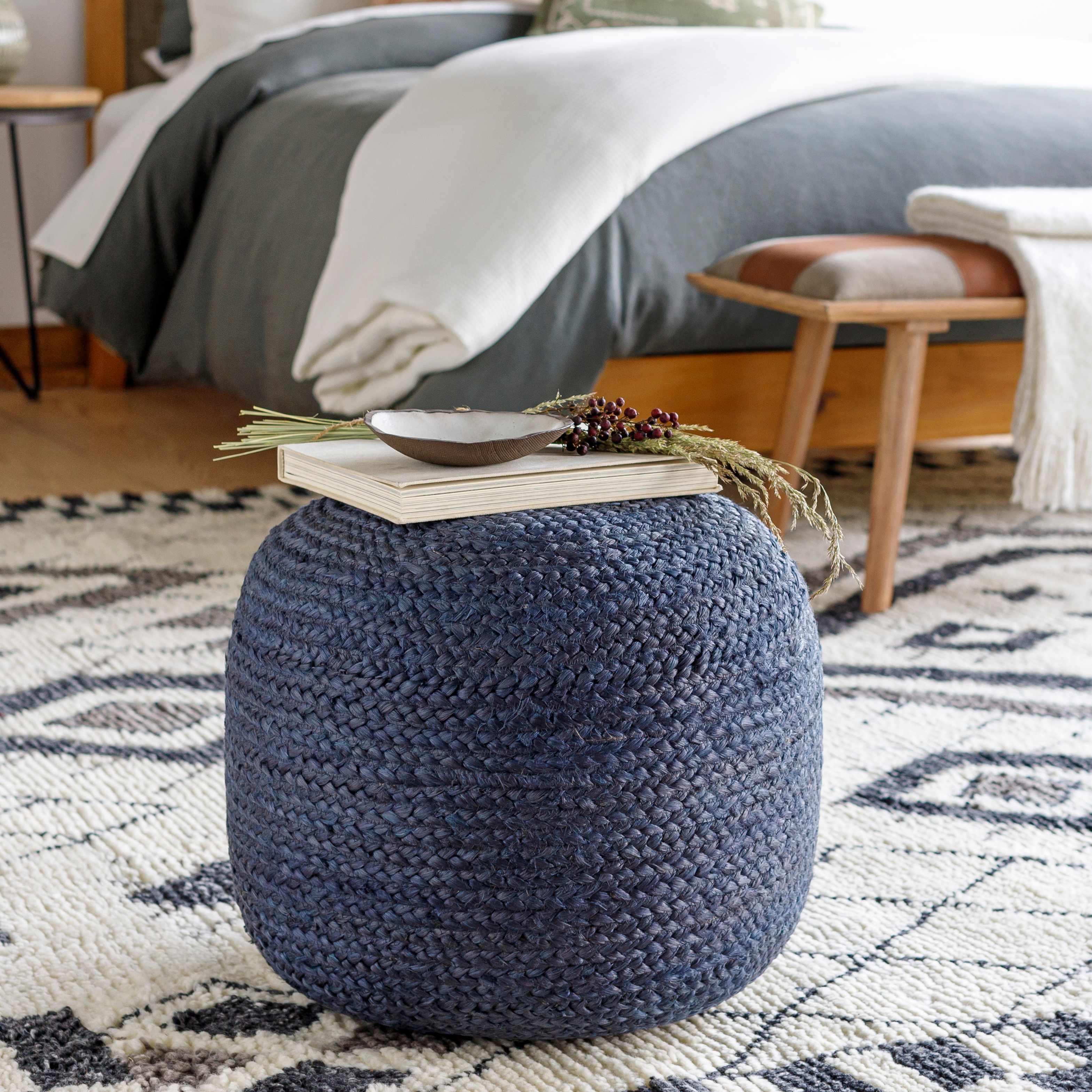 Gail Navy Jute Knitted Pouf - PRHOMZ