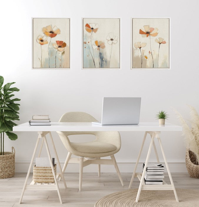 Sylvie Neutral Blue Elegant Country Wildflowers Framed Canvas Art Set by The Creative Bunch Studio