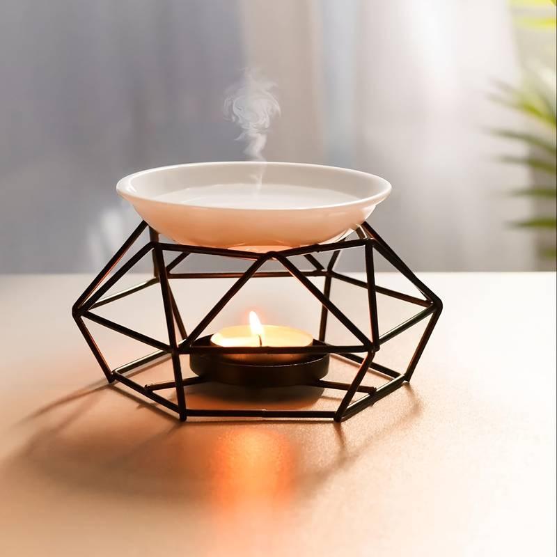 Geometric Metal Wax Burner With Ceramic Dish - PRHOMZ