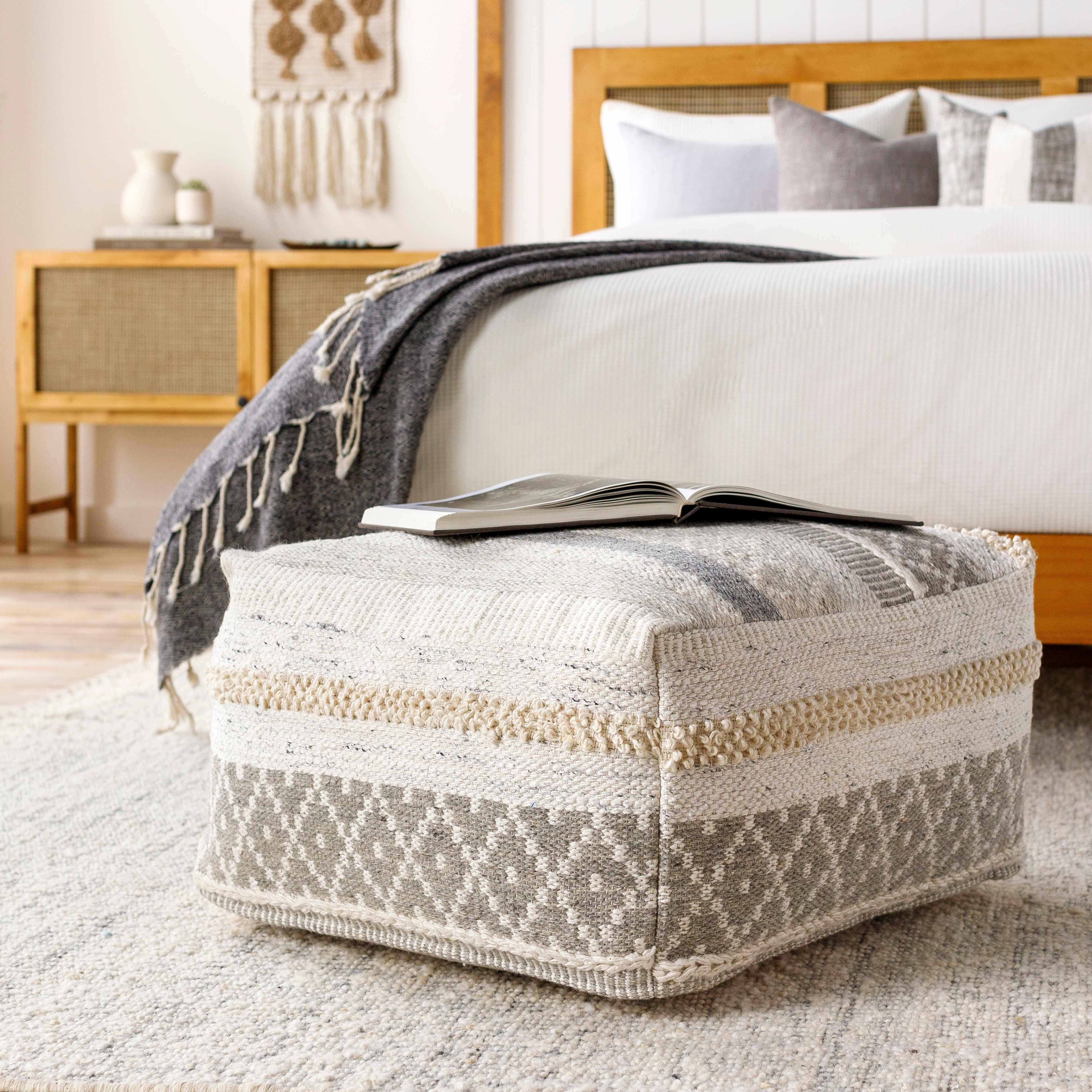 Geyser Woven White Gray Cotton Pouf - PRHOMZ