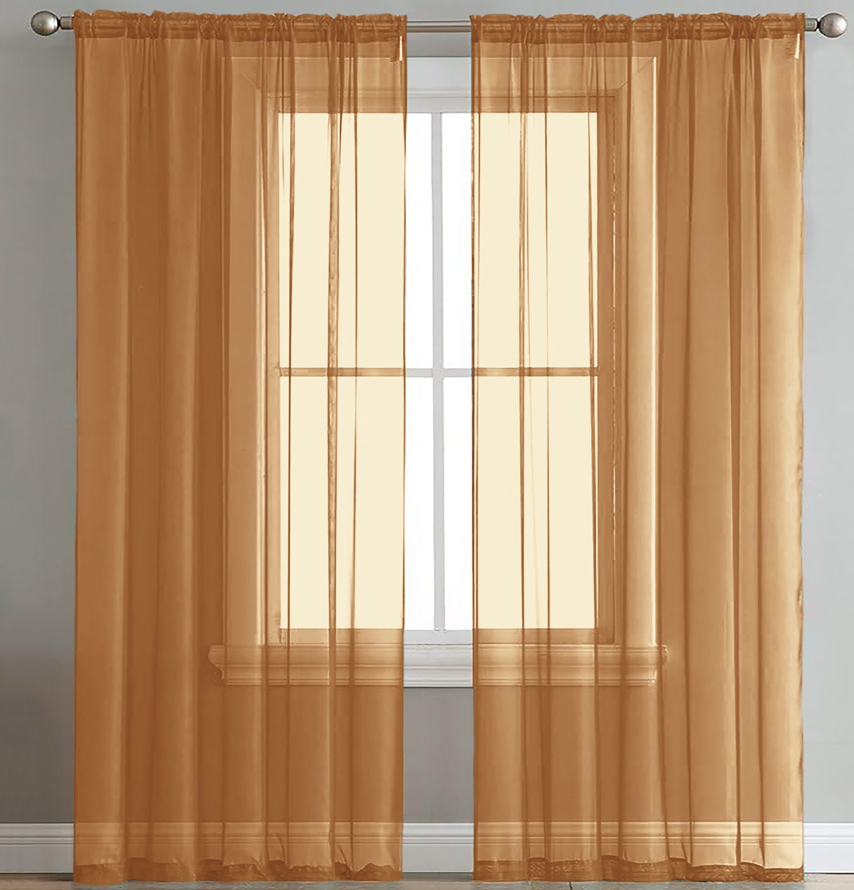 84" Inches Long - Gold Sheer Window Rod Pocket Curtain Set (2 Panels)