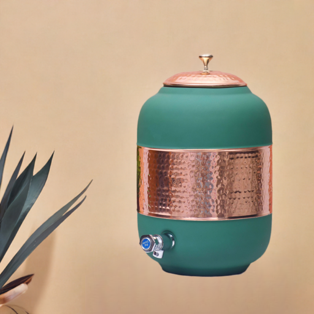 Pure Copper Silk Green Half Hammered Water Dispenser (Matka) Capacity 8000ML-1