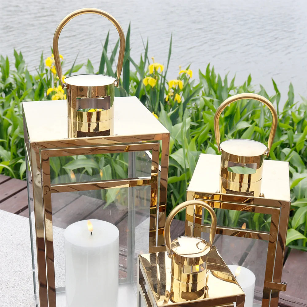 Set of 3 Stainless Steel Lantern (12/15/19'') -Gold