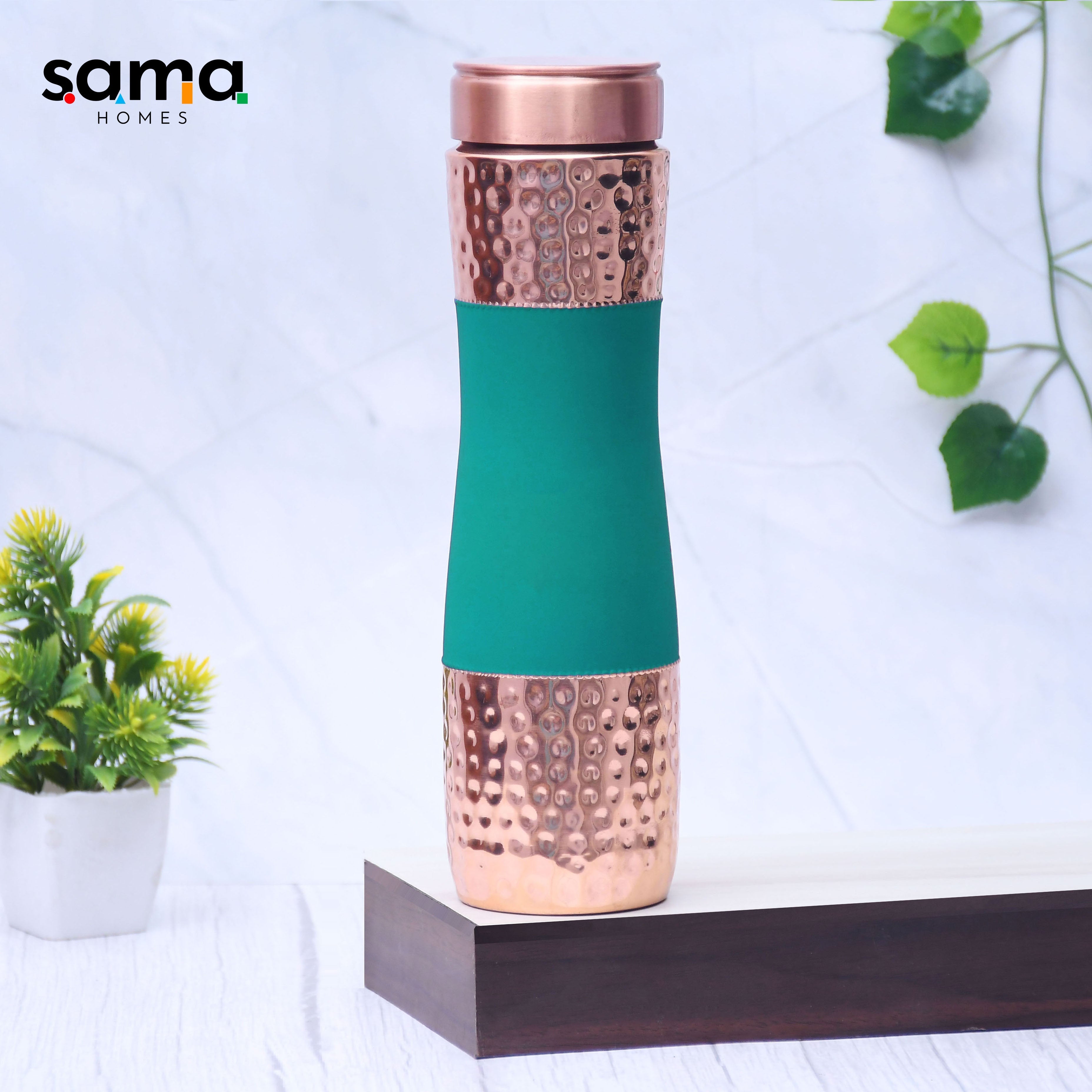 Pure Copper Water Bottle Silk Green Half Hammered Capacity 1000ML-0