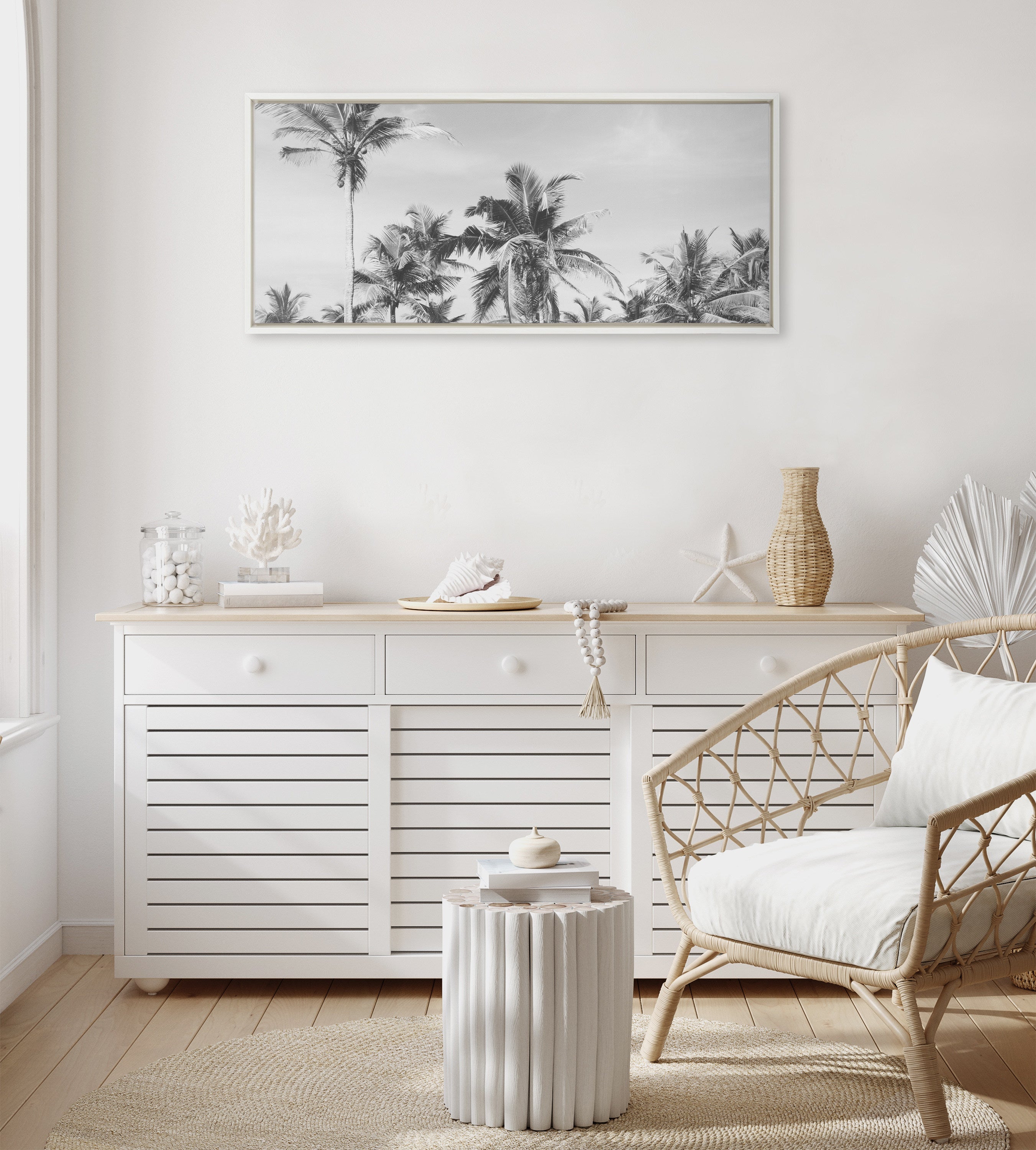 Sylvie Coastal Coconut Palm Tree Beach BW Framed Canvas by The Creative Bunch Studio