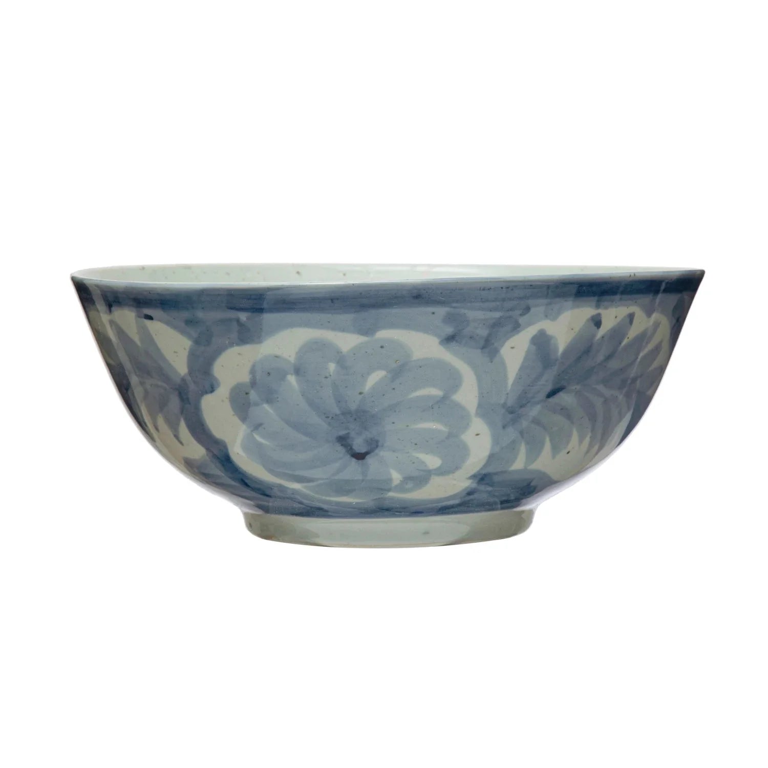 Hand-Painted Blue & White Stoneware Bowl – Floral Design