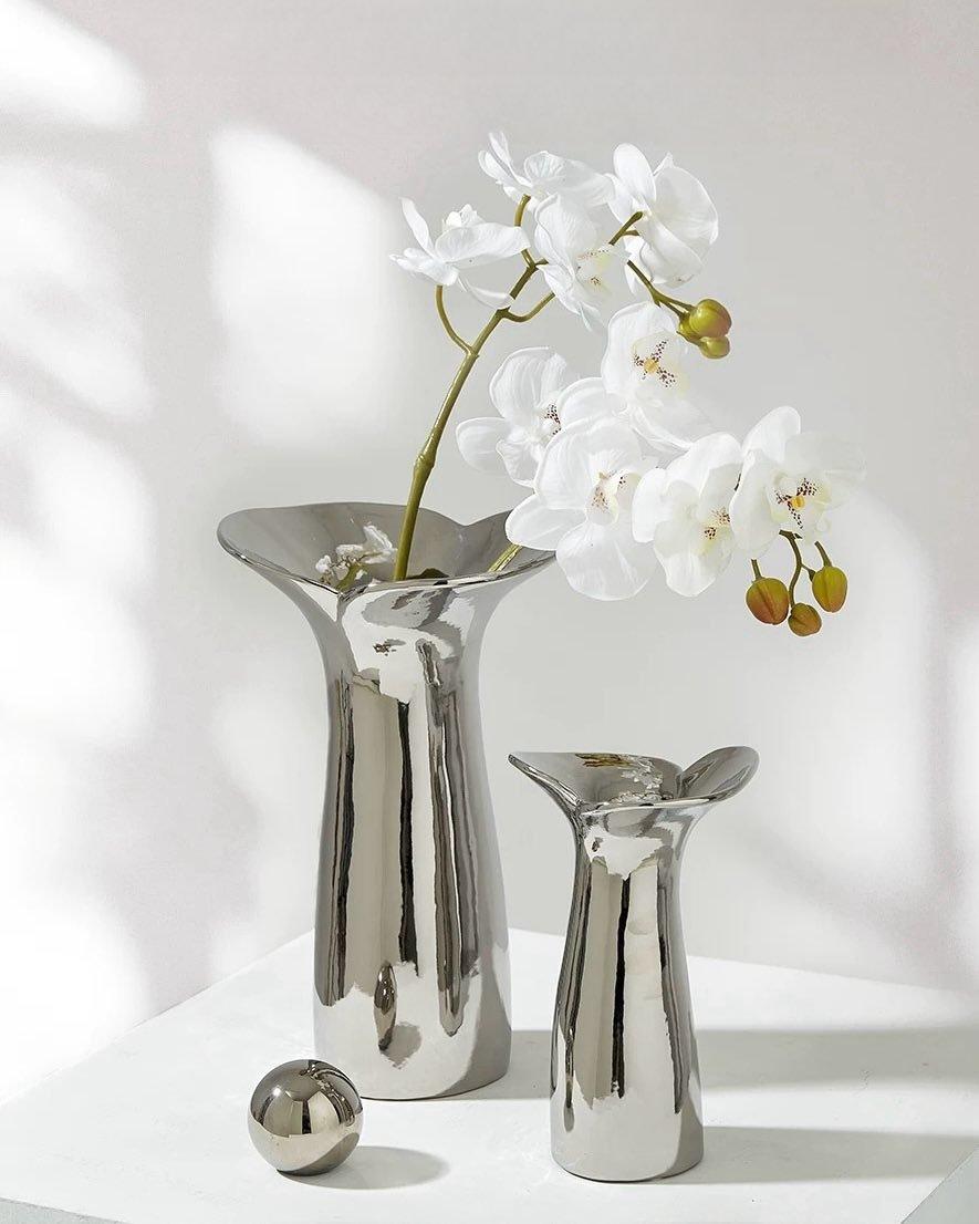 Handmade Modern Silver Bloom Vase, Ceramic Botanica Centrepiece Vase - PRHOMZ
