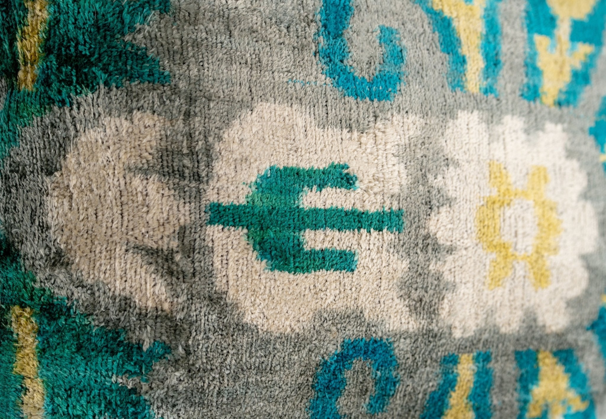 Handmade Velvet Throw Pillow with Turquoise and Yellow Ikat Design - High-Quality 20x20 Inch Decorative Accent with Premium Down Feather Insert-2