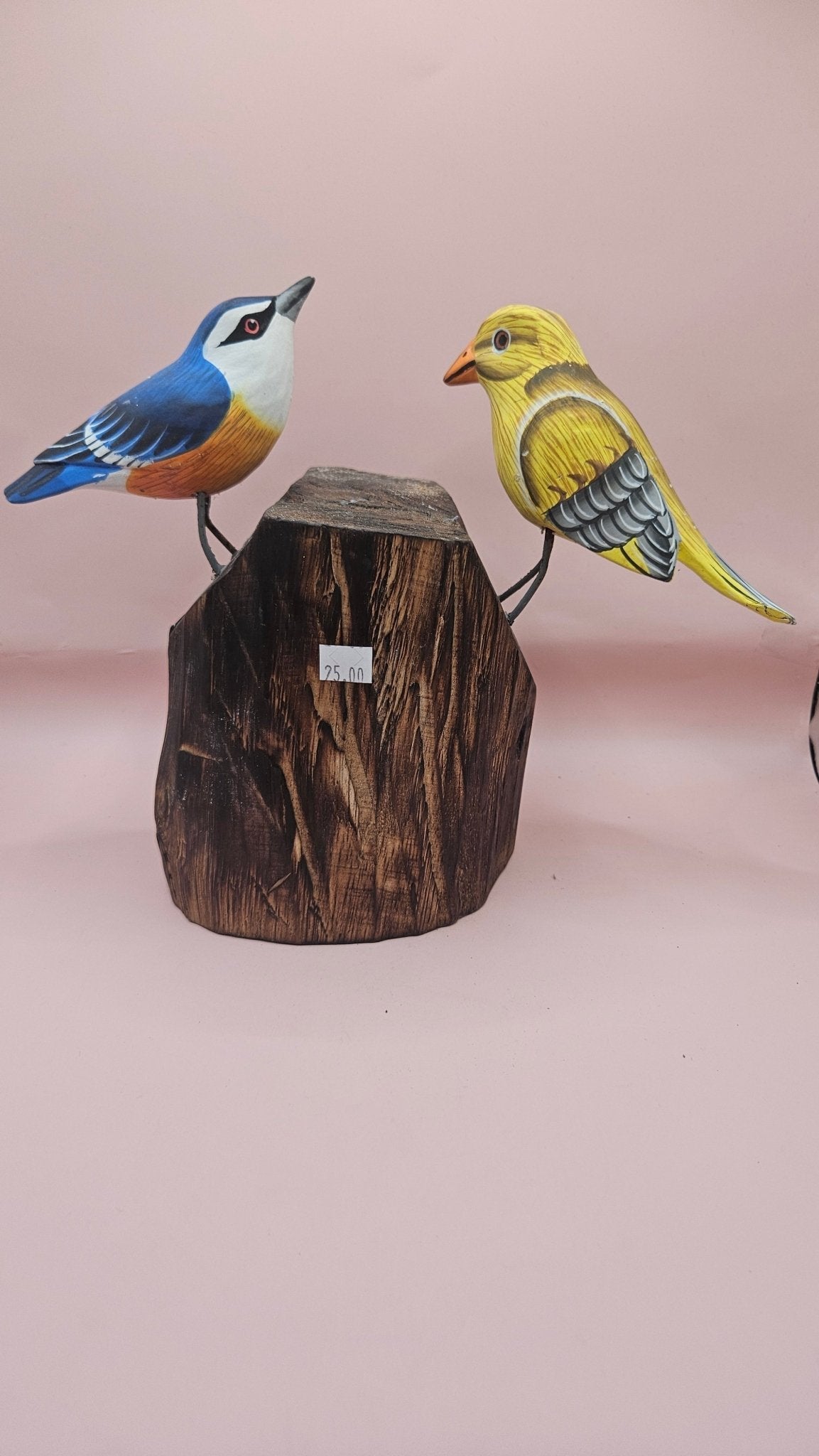 Handmade Wooden Songbird Figurines – on Natural Stump Base-Rustic Woodland Decor