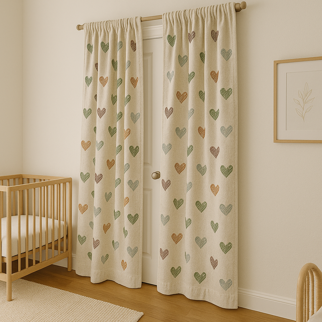Heart Print Linen Nursery Curtains – Custom Sizes, Blackout or Cotton Lined – Rod Pocket & Track Compatible-4