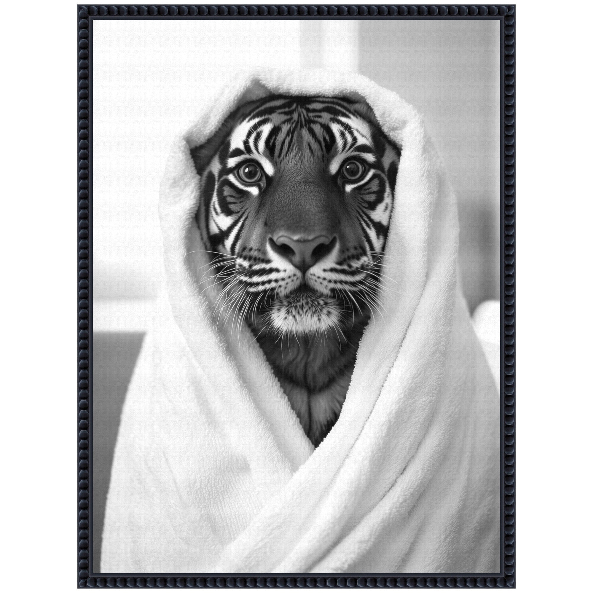 Sylvie Tiger Bathroom Art Towel Robe Black and White Framed Canvas by The Creative Bunch Studio