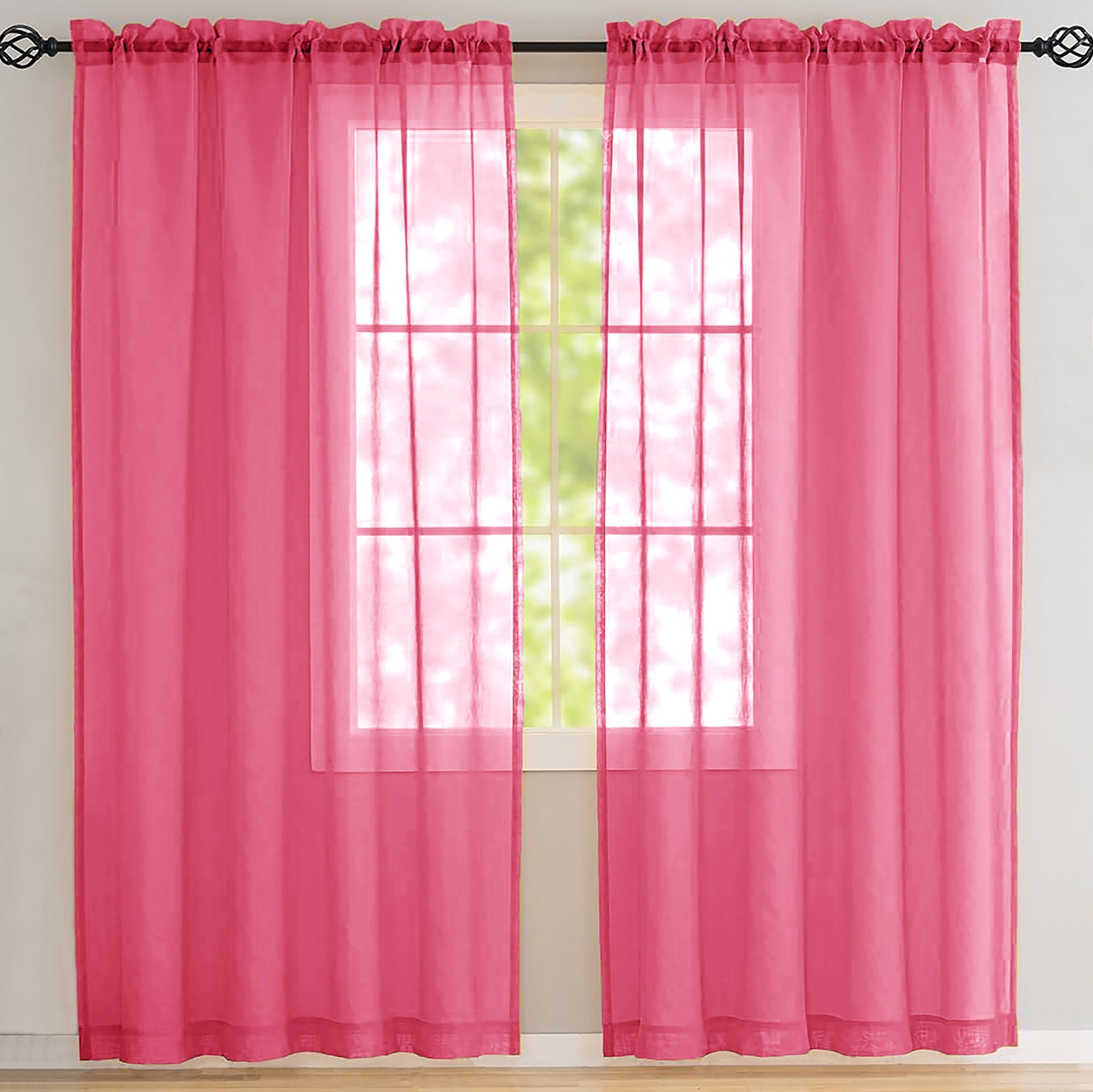 84" Inches Long - Hot Pink Sheer Window Rod Pocket Curtain Set (2 Panels)