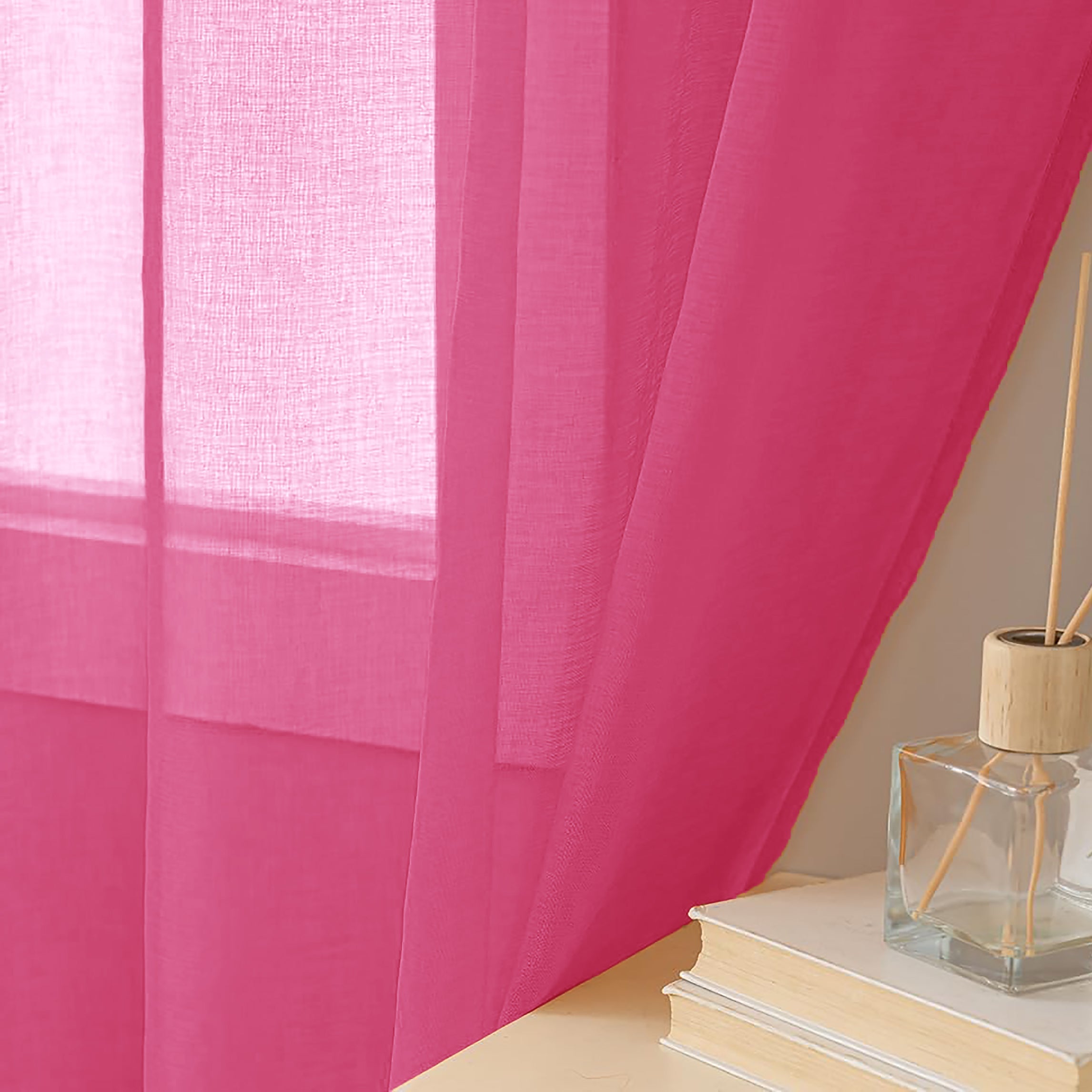 84" Inches Long - Hot Pink Sheer Window Rod Pocket Curtain Set (2 Panels)