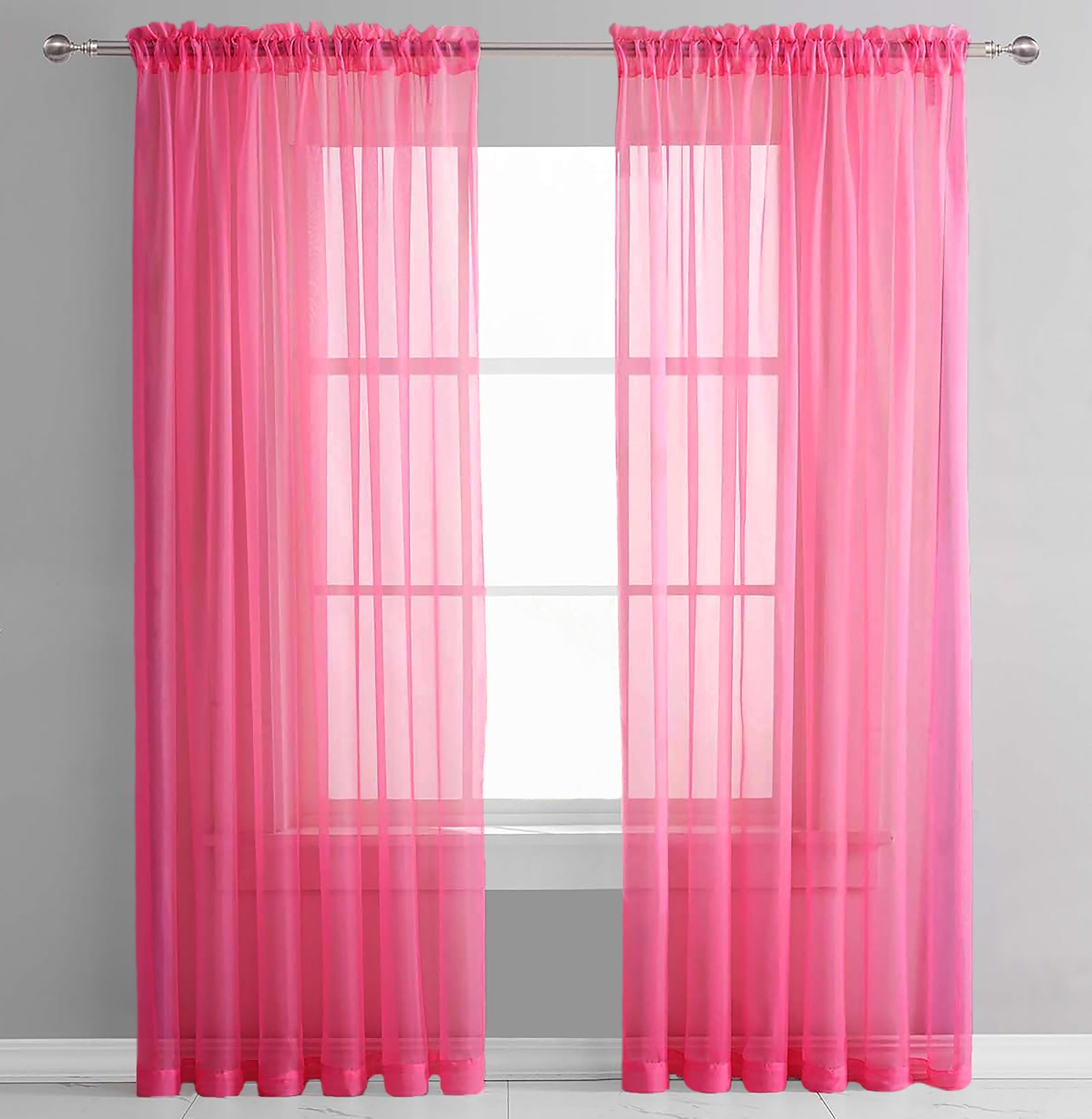 84" Inches Long - Hot Pink Sheer Window Rod Pocket Curtain Set (2 Panels)
