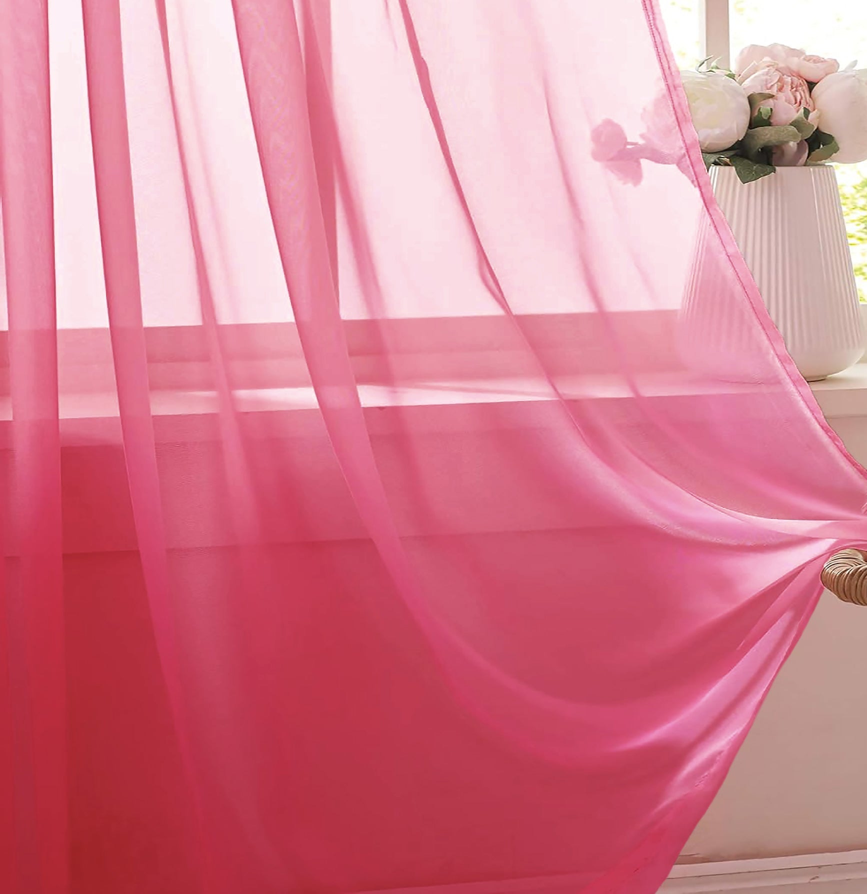 84" Inches Long - Hot Pink Sheer Window Rod Pocket Curtain Set (2 Panels)