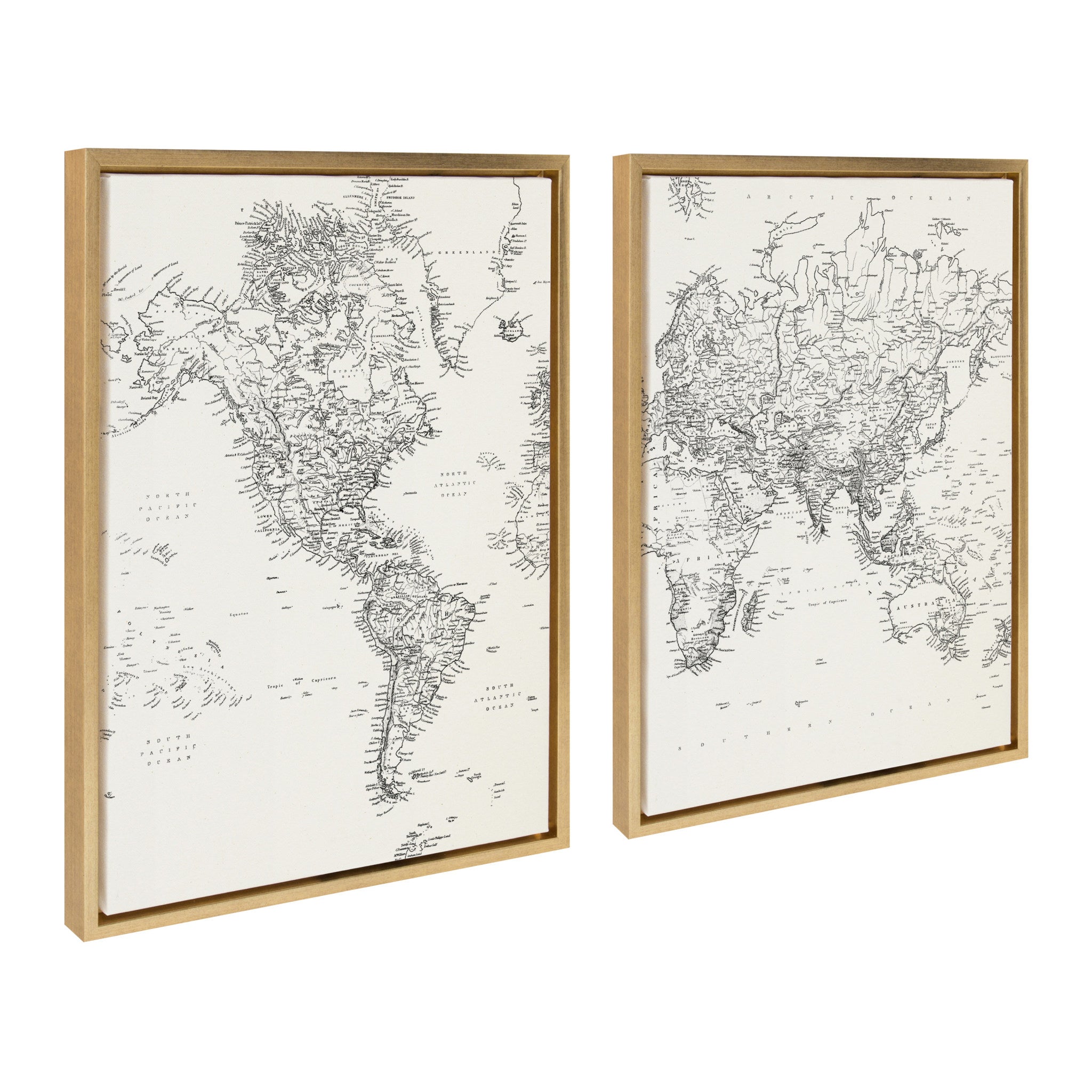Sylvie Black and White Modern Retro World Map Framed Canvas Set by The Creative Bunch Studio