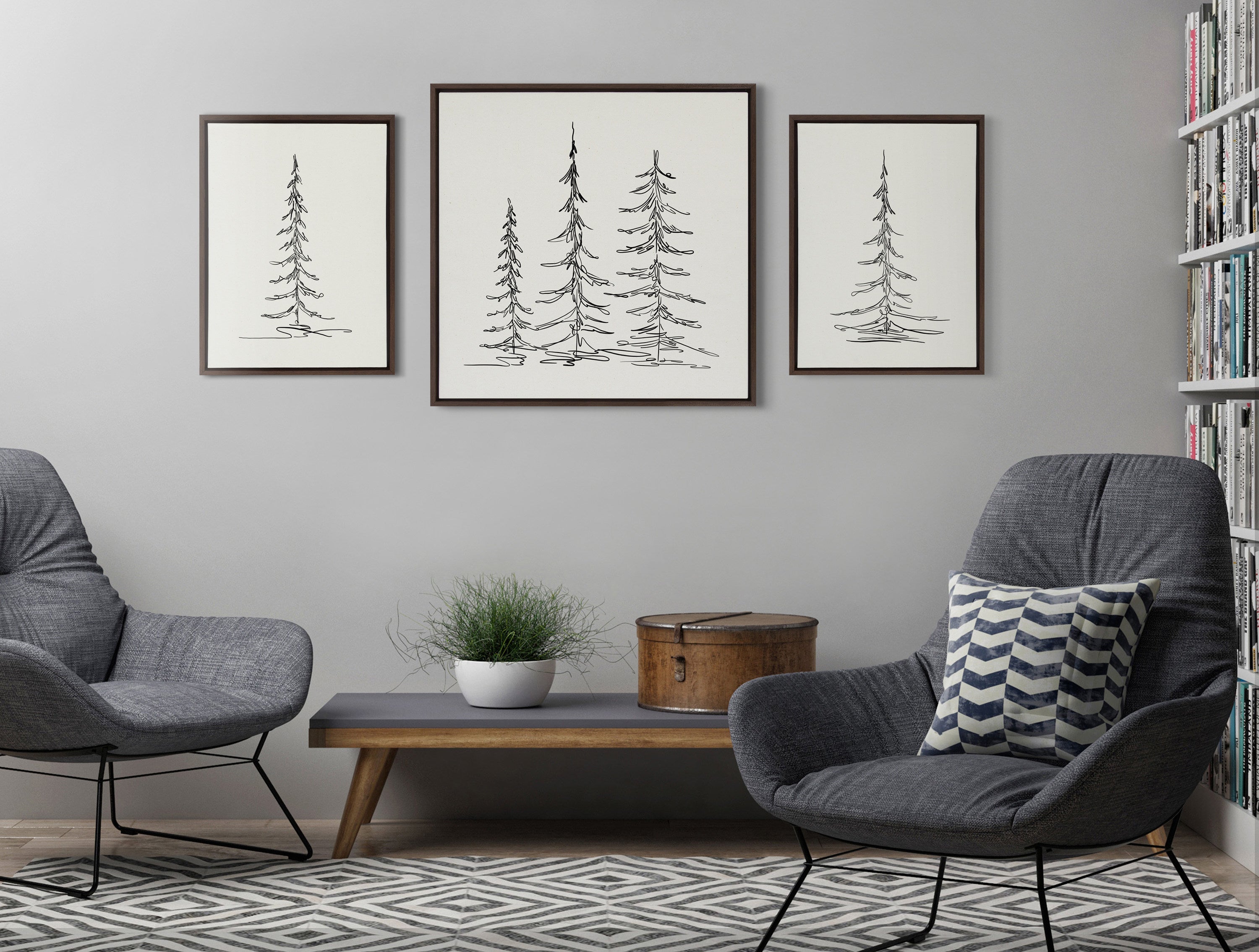 Sylvie Minimalist Evergreen Trees Sketch Framed Canvas by The Creative Bunch Studio