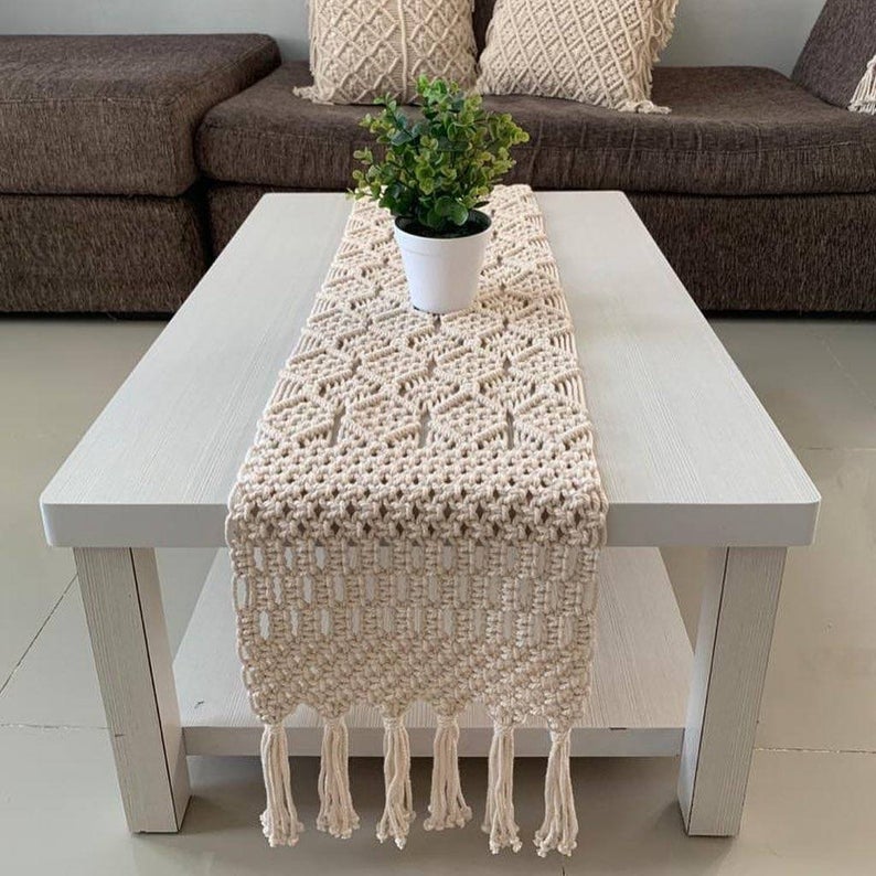 Handmade Cotton Macrame Table Runner | Natural Beige Diamond Pattern Boho Runner | 14x72" (36x183cm)-0