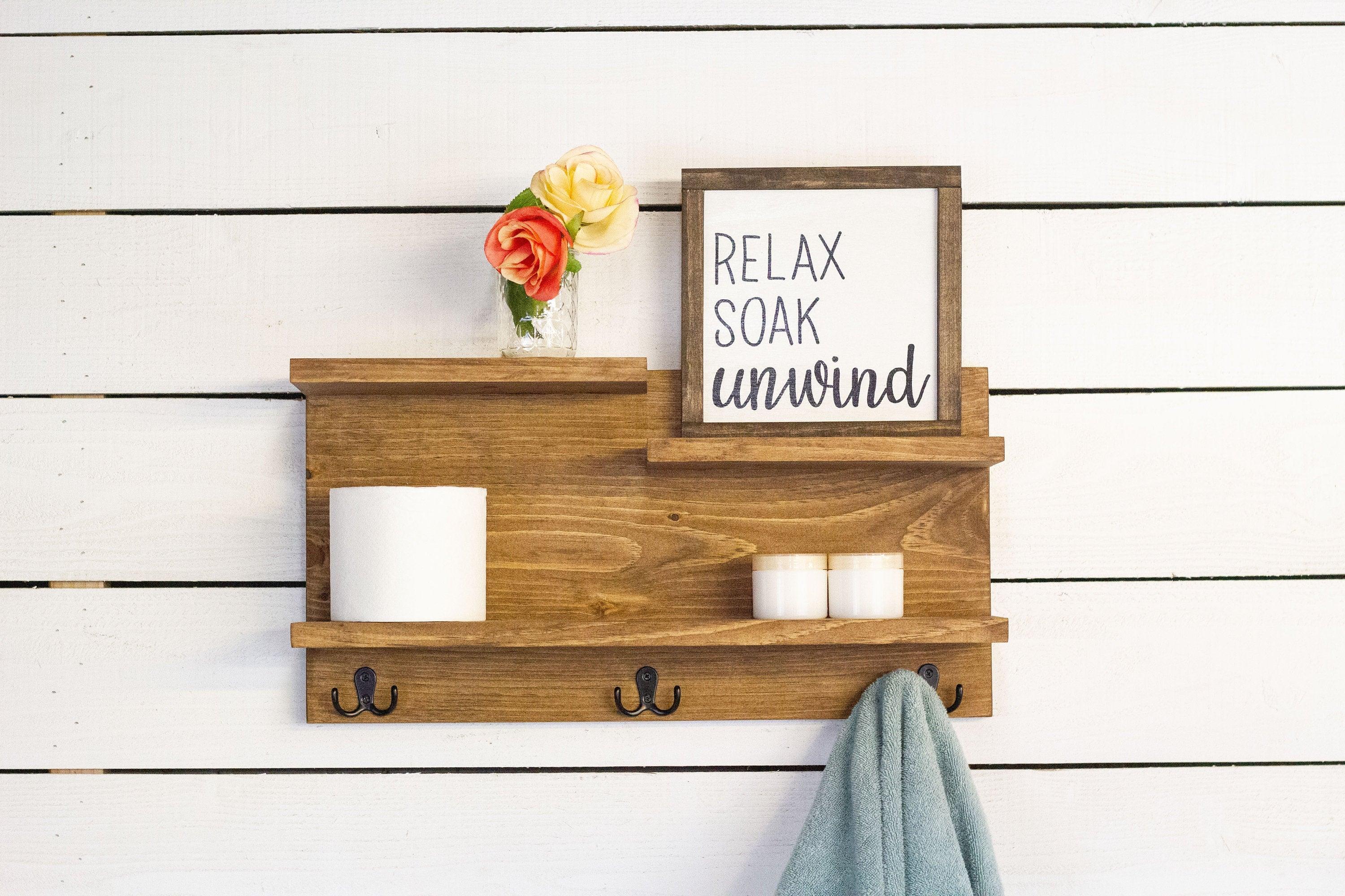 Bathroom Wall Shelf with 3 Double Towel Hooks - PRHOMZ