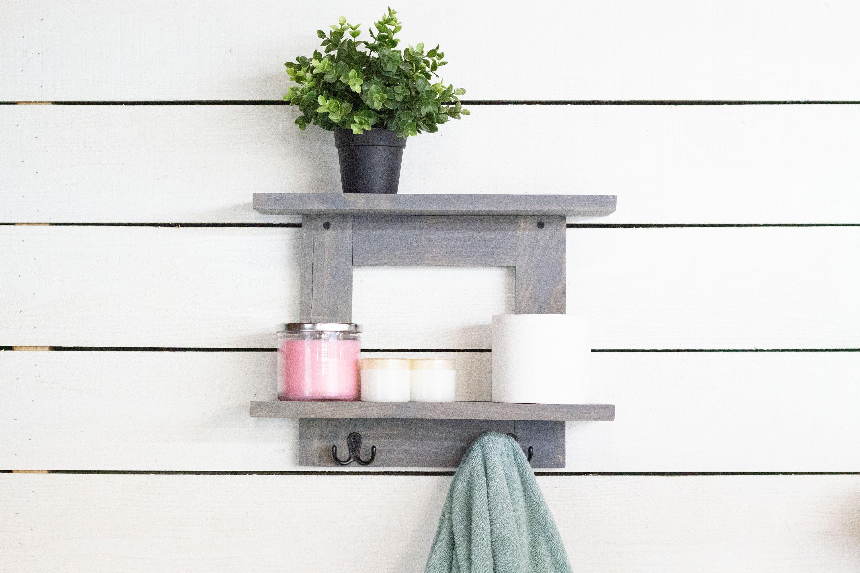 Bathroom Wall Shelf with 2 Double Towel Hooks - PRHOMZ