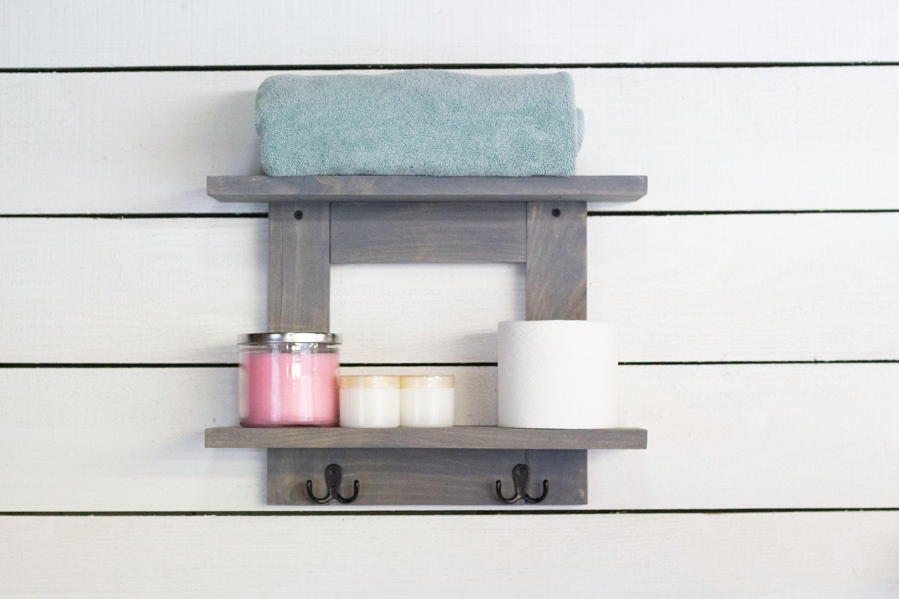 Bathroom Wall Shelf with 2 Double Towel Hooks - PRHOMZ