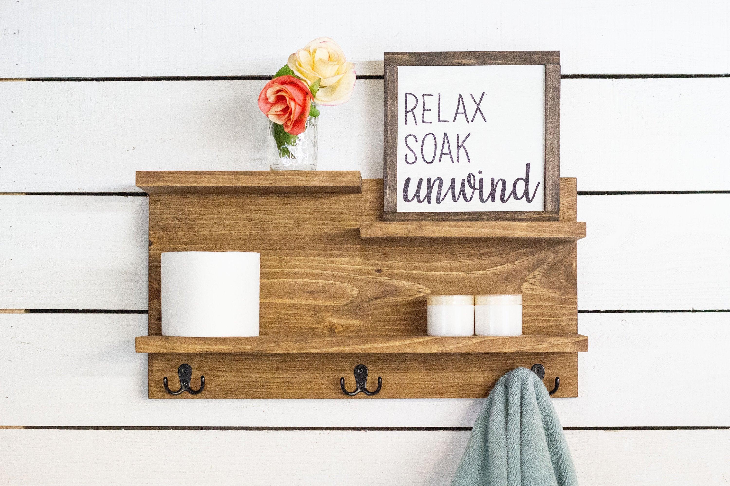 Bathroom Wall Shelf with 3 Double Towel Hooks - PRHOMZ