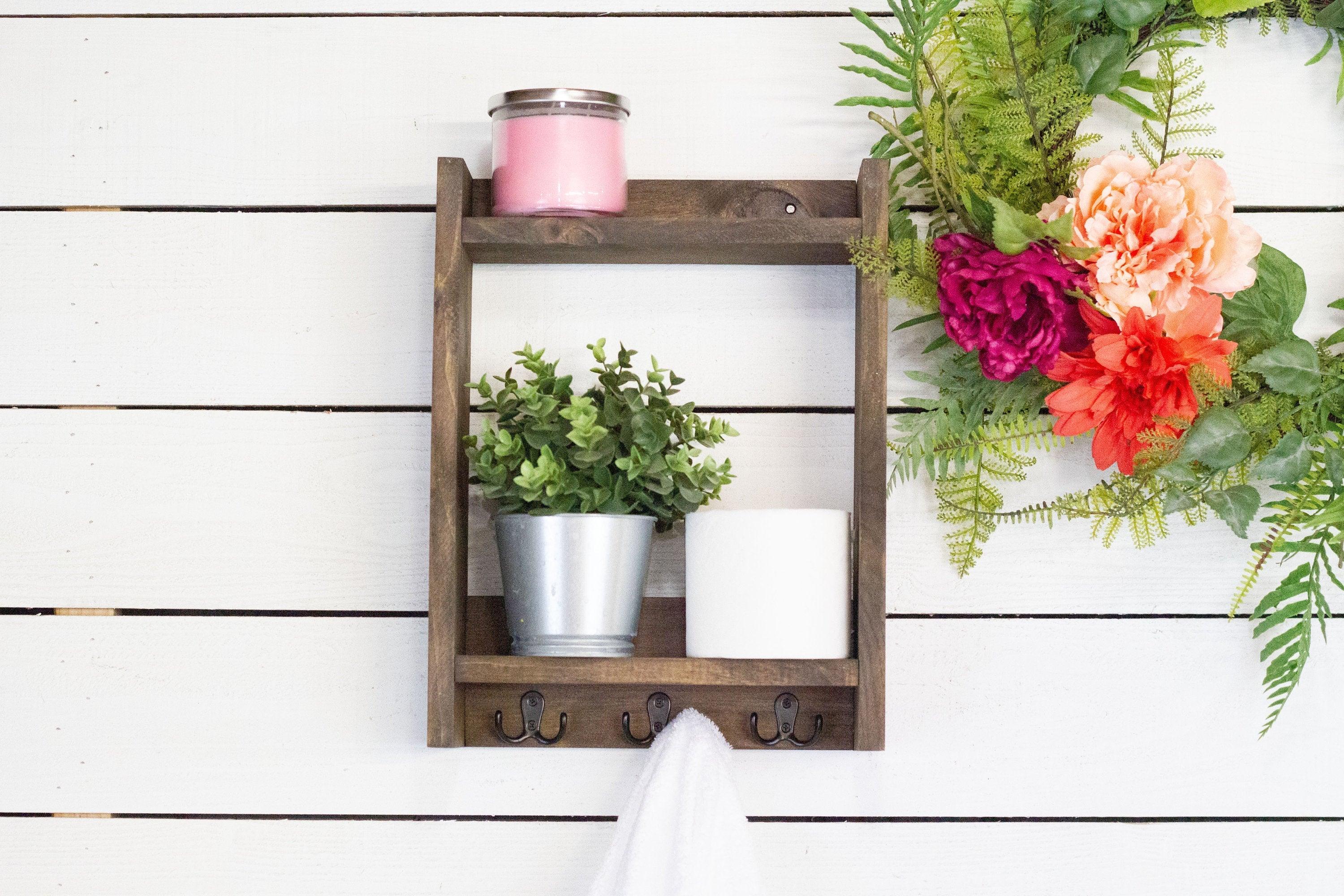 Solid Wood Bathroom Shelf with Towel Hooks - PRHOMZ