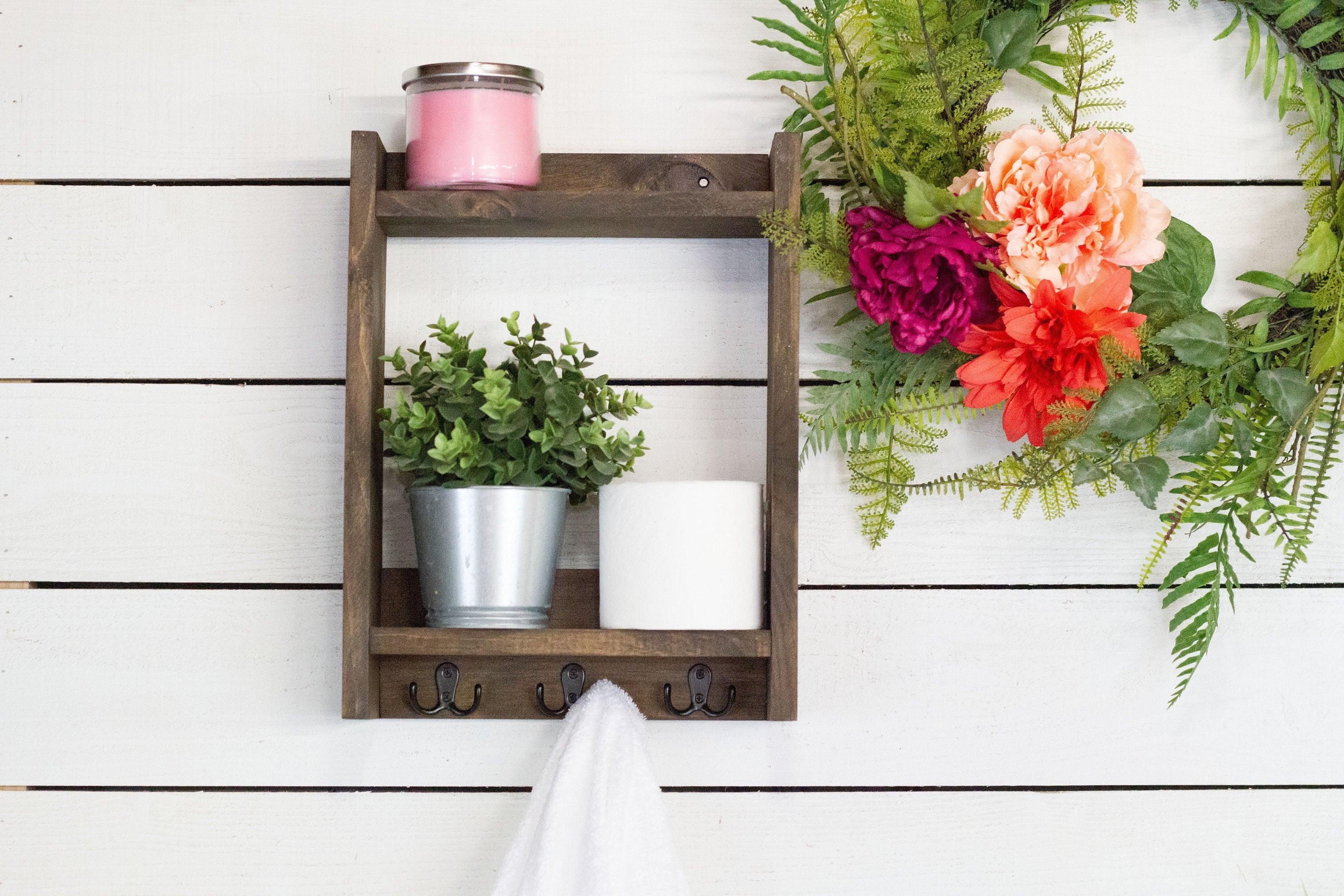 Solid Wood Bathroom Shelf with Towel Hooks - PRHOMZ