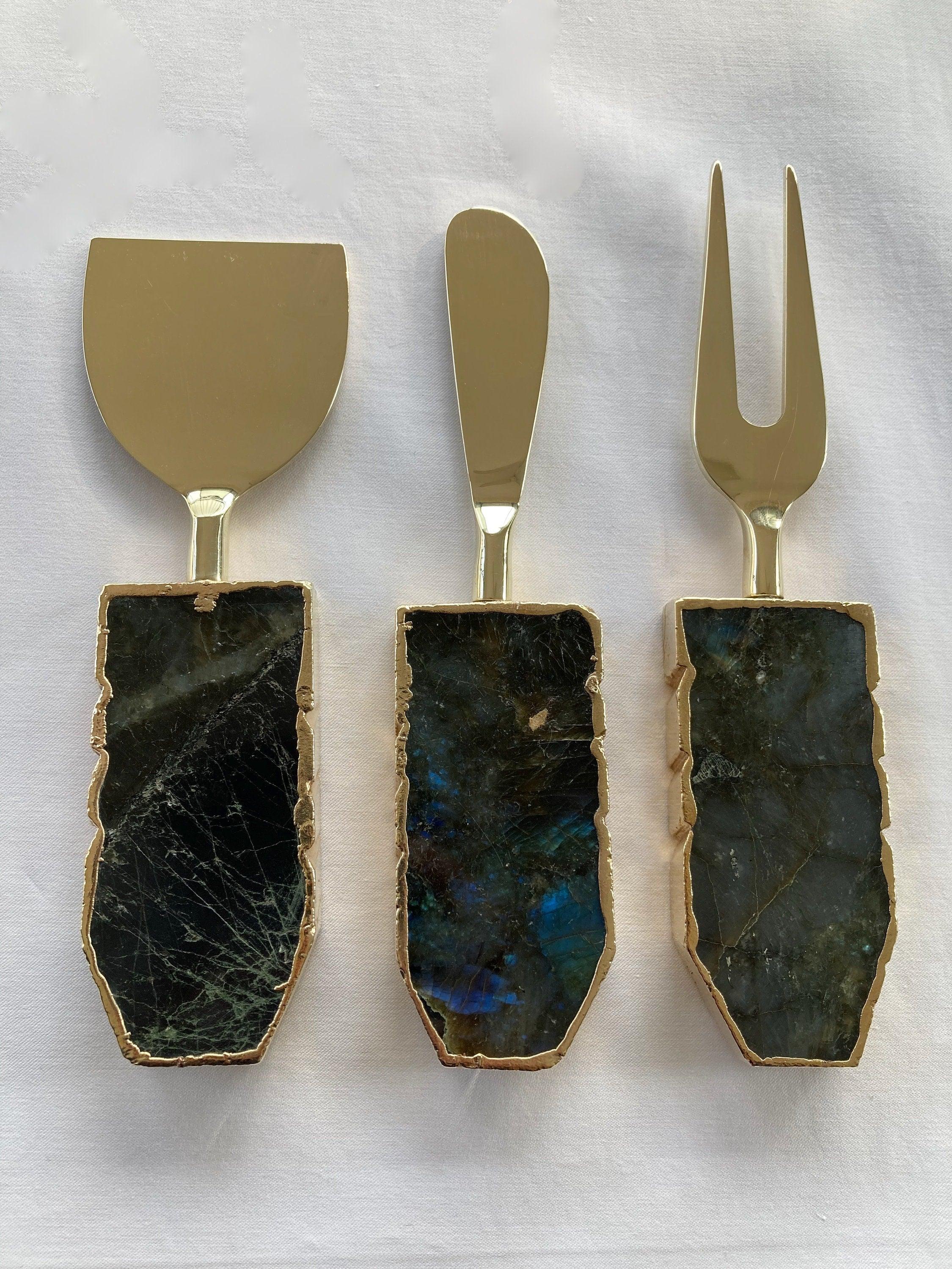 Set of 3 Labradorite Gemstone Agate Cheese Knives/Spreaders - PRHOMZ