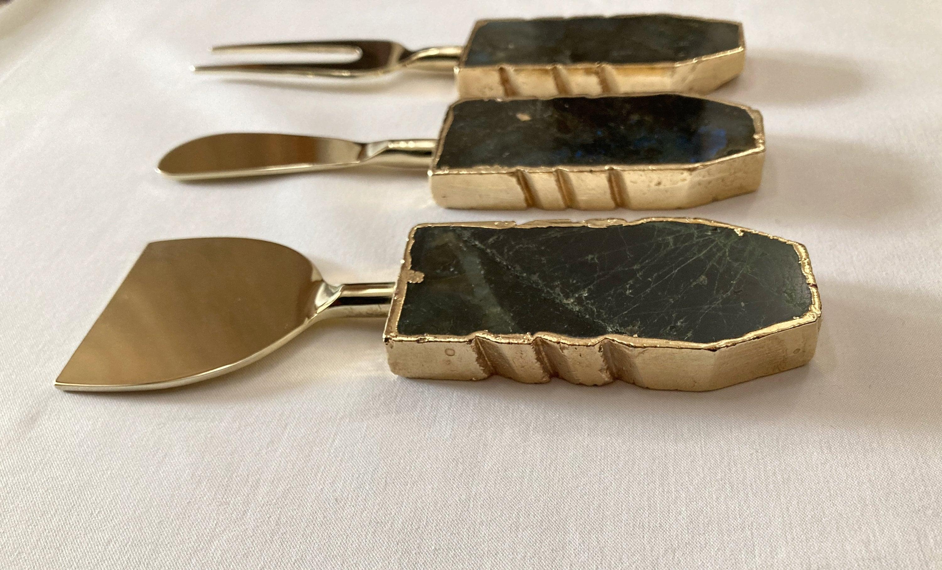 Set of 3 Labradorite Gemstone Agate Cheese Knives/Spreaders - PRHOMZ