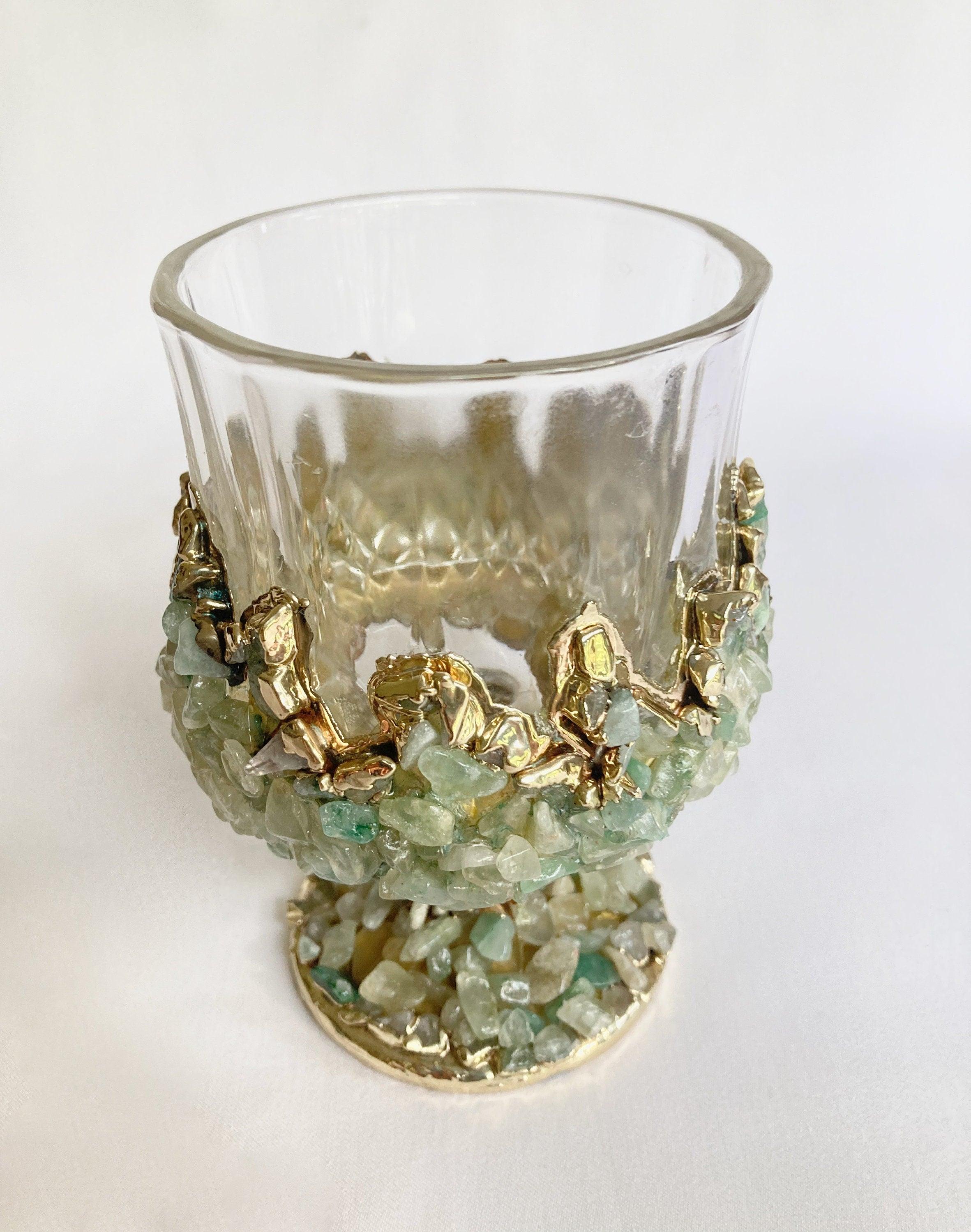 Set of 2 |Crystal Wine Glasses with Gold Plated Light Green Agate/Quartz Semi-precious Crystals | 7 oz/210 ml - PRHOMZ