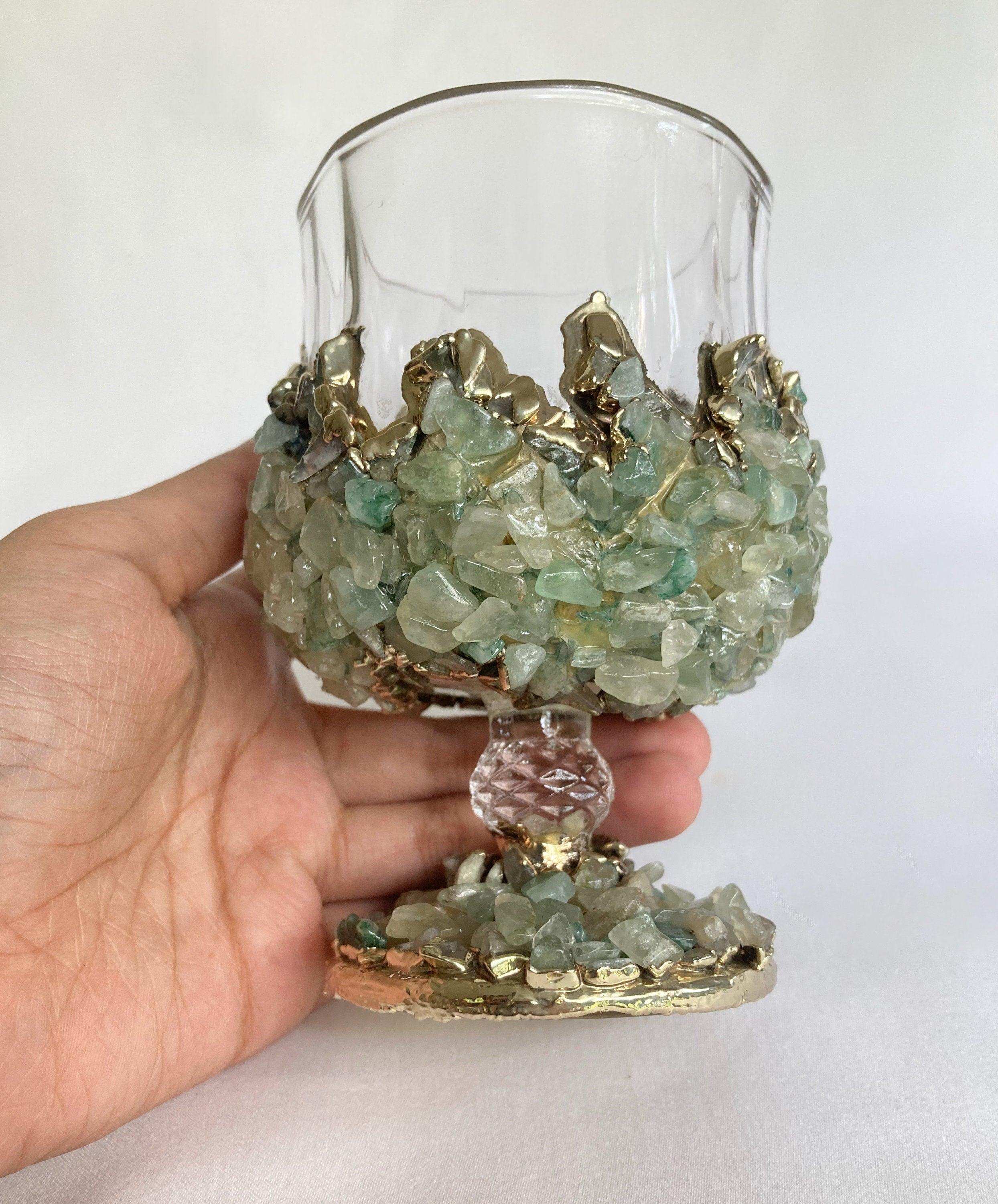 Set of 2 |Crystal Wine Glasses with Gold Plated Light Green Agate/Quartz Semi-precious Crystals | 7 oz/210 ml - PRHOMZ