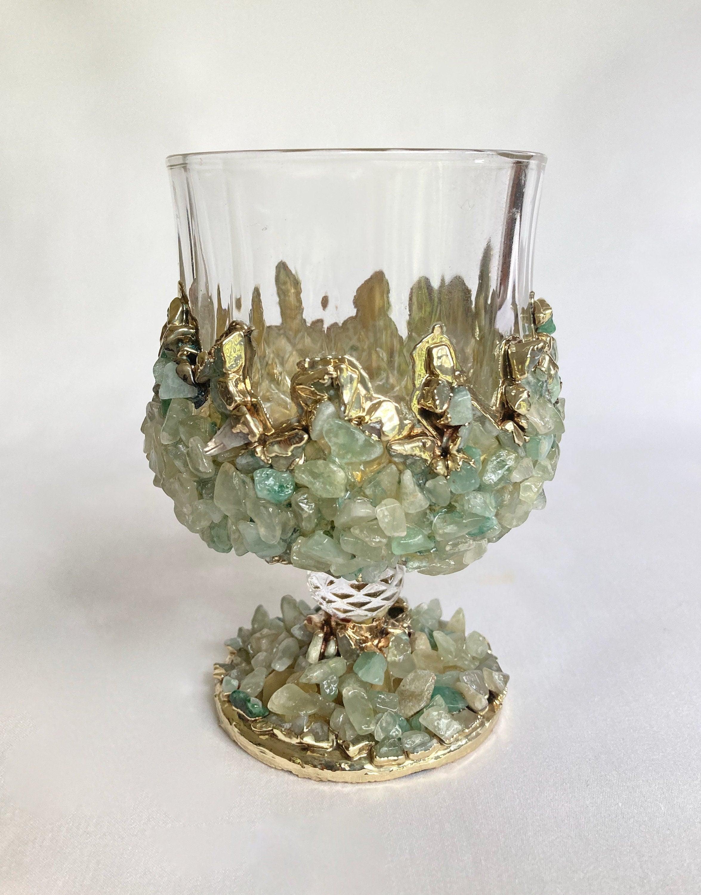 Set of 2 |Crystal Wine Glasses with Gold Plated Light Green Agate/Quartz Semi-precious Crystals | 7 oz/210 ml - PRHOMZ