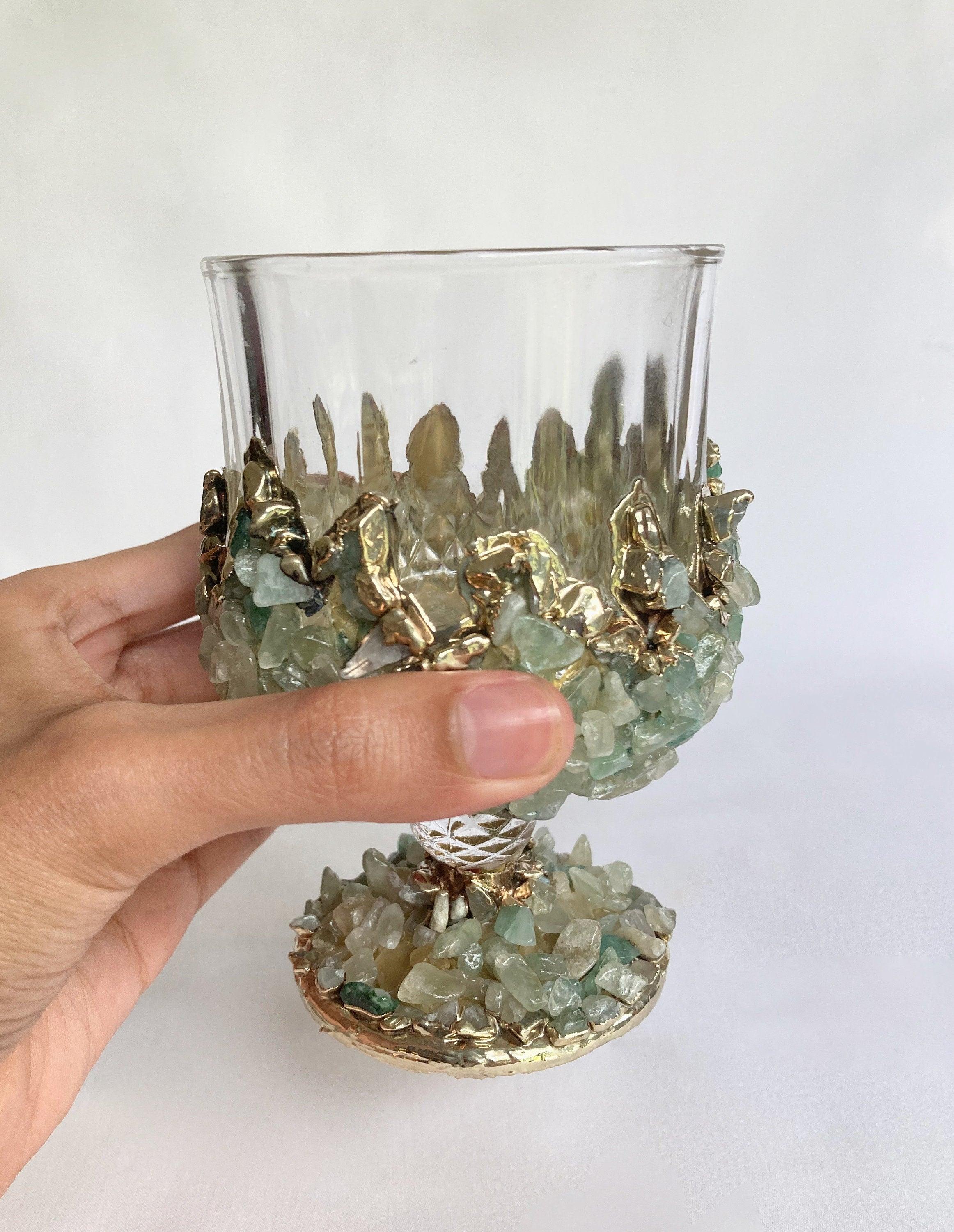Set of 2 |Crystal Wine Glasses with Gold Plated Light Green Agate/Quartz Semi-precious Crystals | 7 oz/210 ml - PRHOMZ