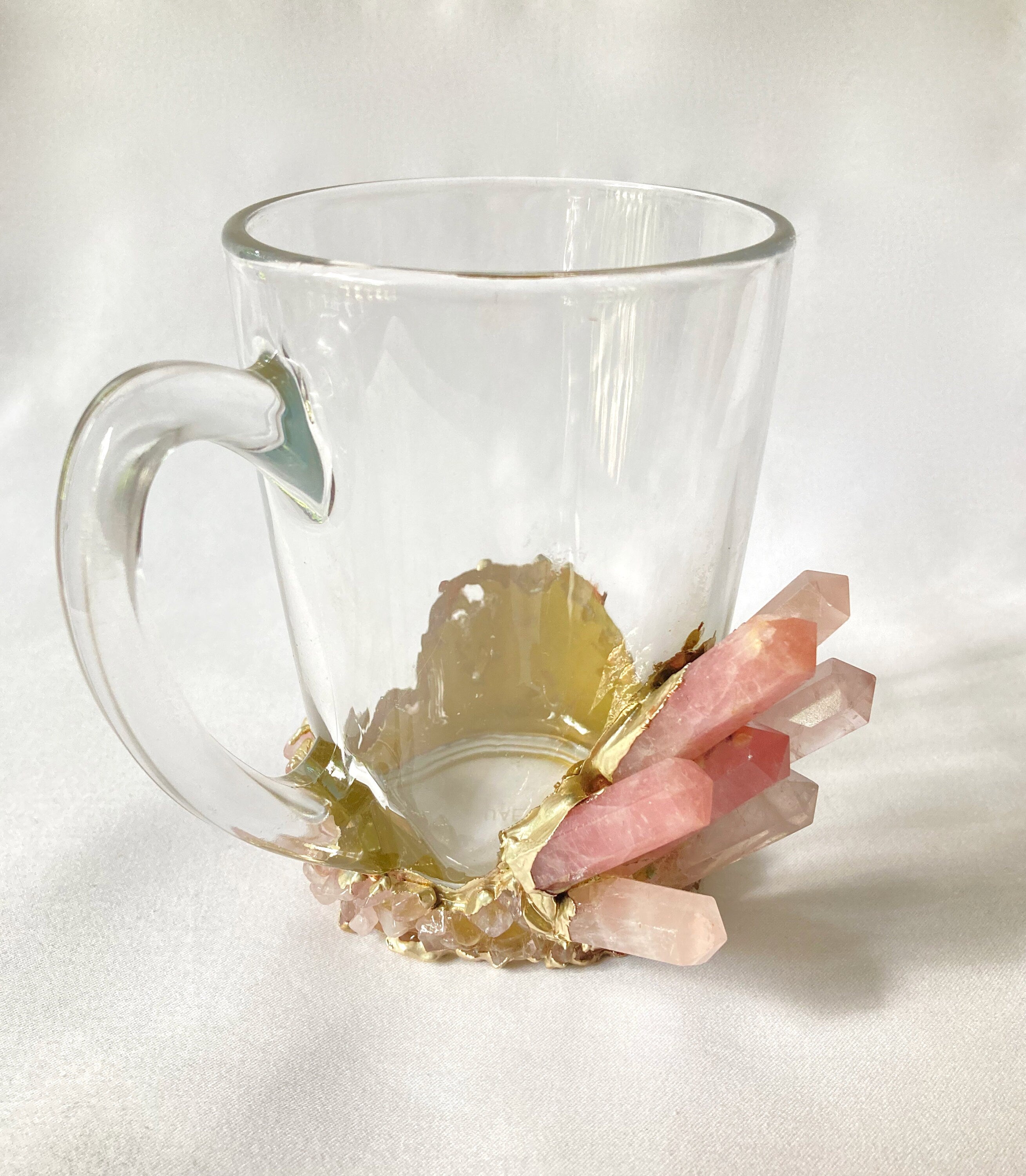 Set of 2 |Crystal Glass Coffee/Tea/Juice Mugs with Gold Plated Rose Quartz Agate Semi-precious Crystals | 11 oz/320 ml-1