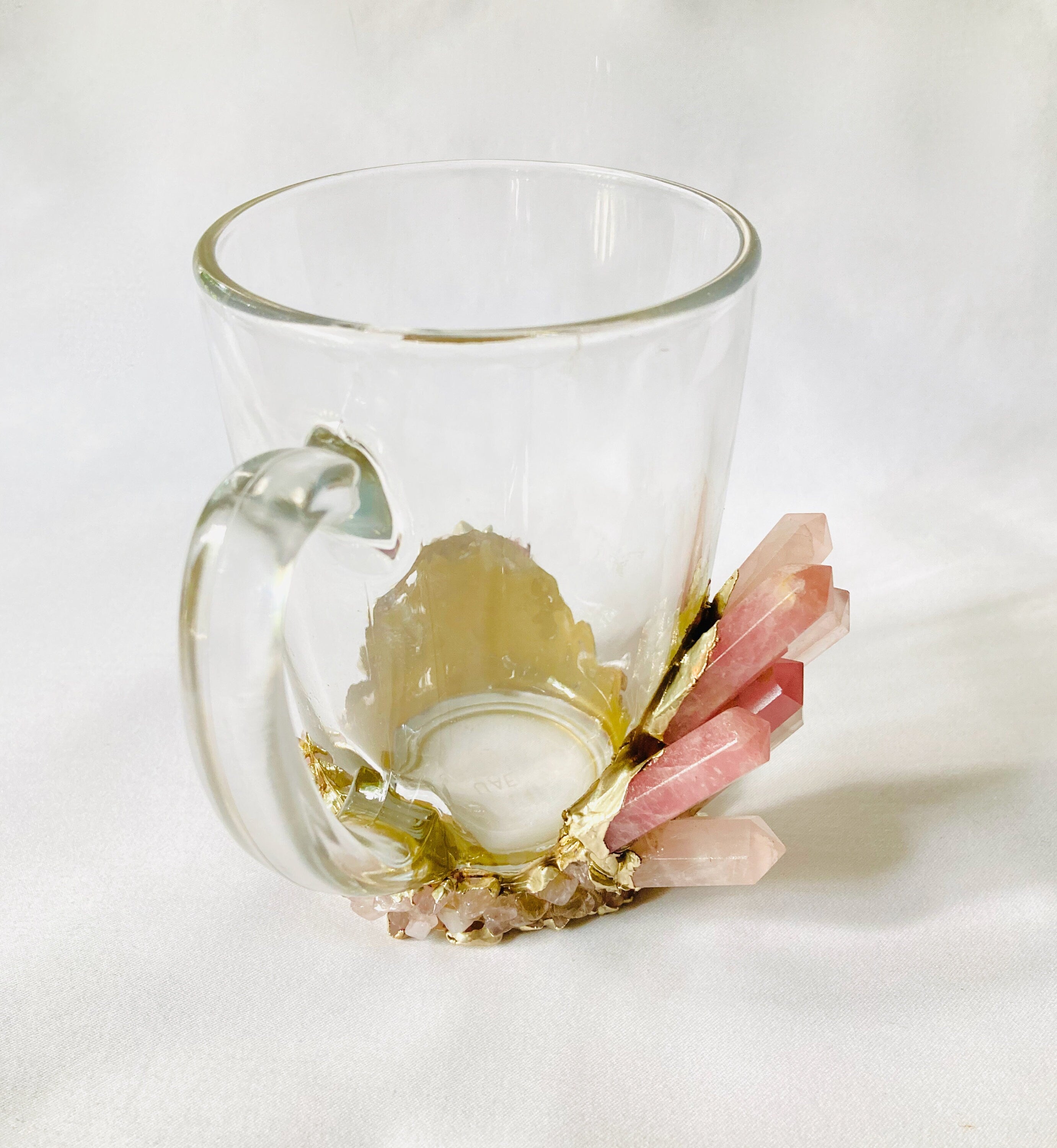 Set of 2 |Crystal Glass Coffee/Tea/Juice Mugs with Gold Plated Rose Quartz Agate Semi-precious Crystals | 11 oz/320 ml-2