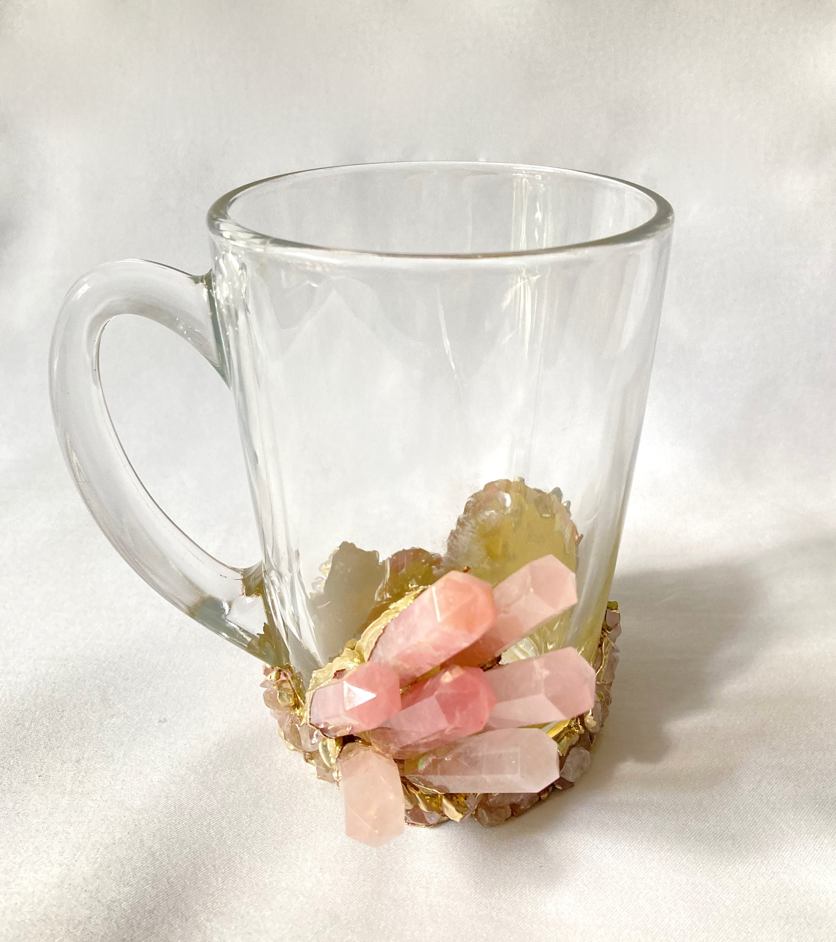 Set of 2 |Crystal Glass Coffee/Tea/Juice Mugs with Gold Plated Rose Quartz Agate Semi-precious Crystals | 11 oz/320 ml-0