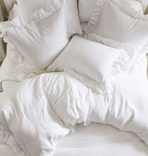 White - 100% Pure Linen | Linen Cotton Mix | 3 Piece Ruffle Duvet Cover Set | Handmade | Pre-washed | Soft-2